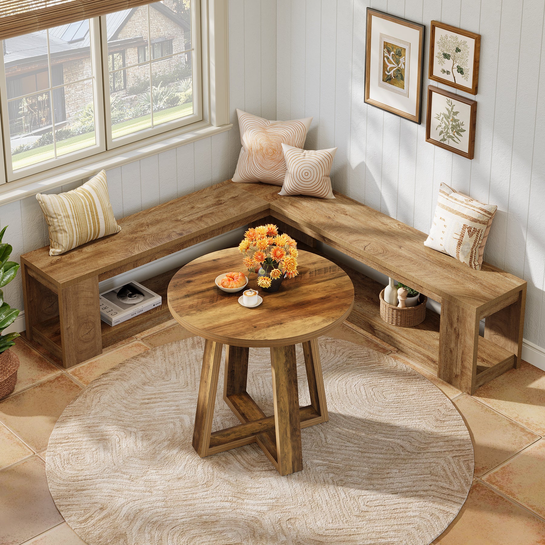 L-Shaped Bench with Storage, Corner Entryway Bench for Living Room