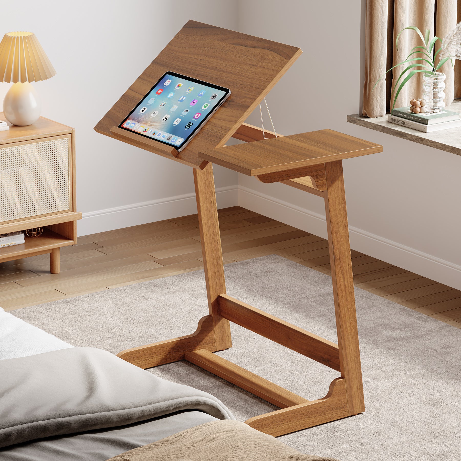 C-Shaped End Table, 25" Side Table With Tiltable Board For Living Room