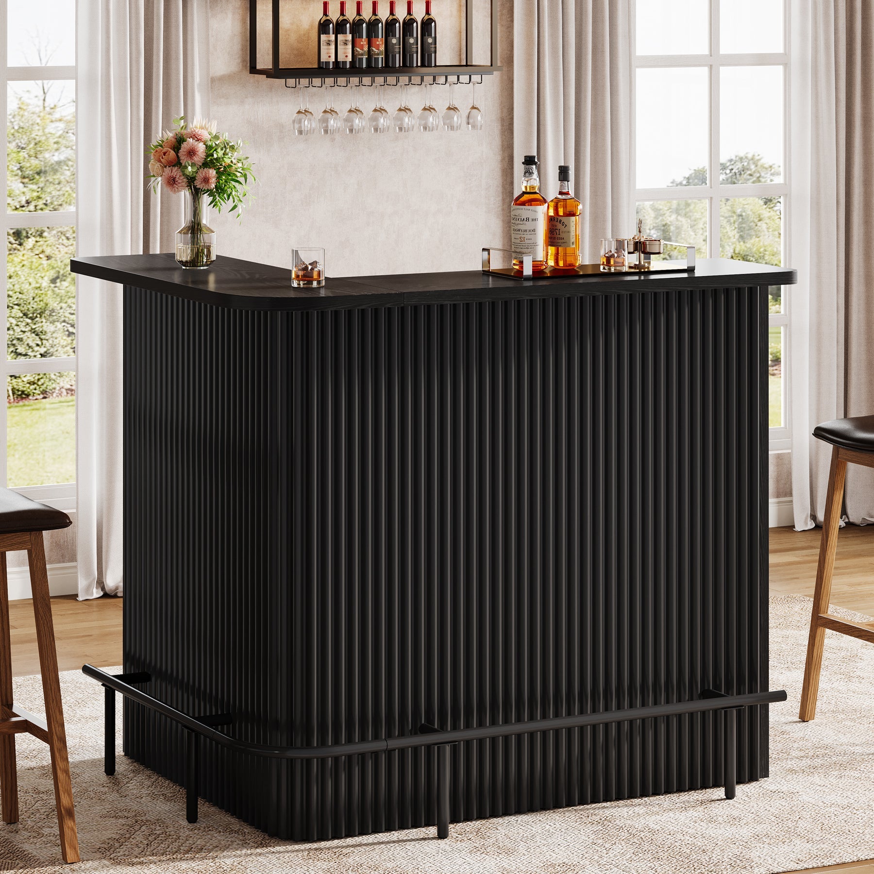L-Shaped Home Bar Unit, 4-Tier Fluted Bar Table with Storage Shelves