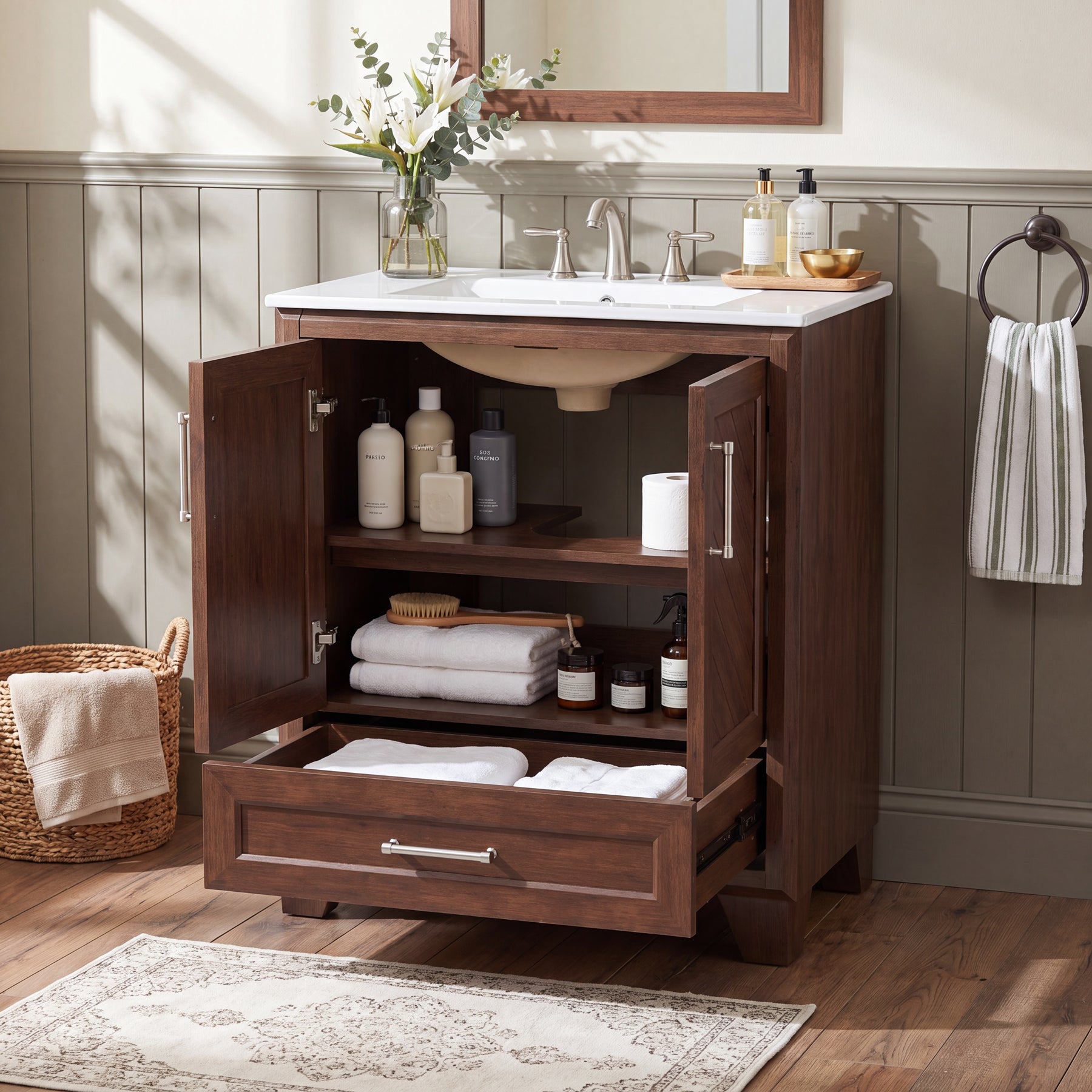24" Bathroom Vanity, Modern Bathroom Cabinet with Sink & Carved Doors