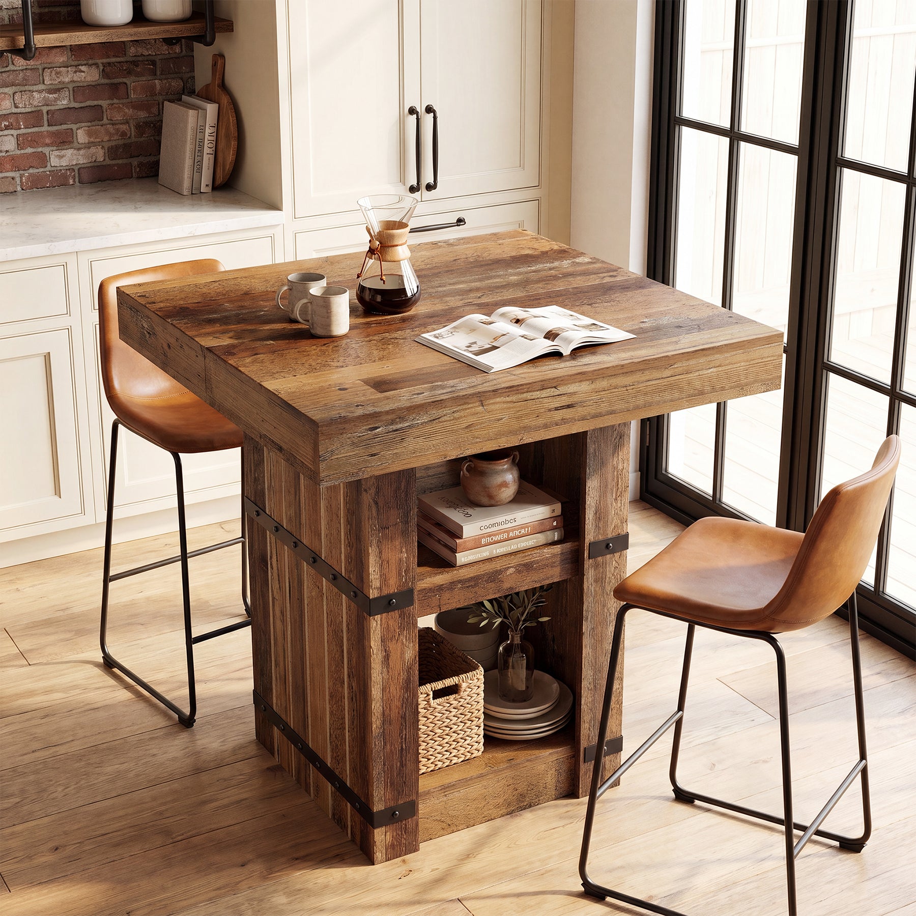 31.5" Square Bar Table, Counter Height Dining Table with Storage Base