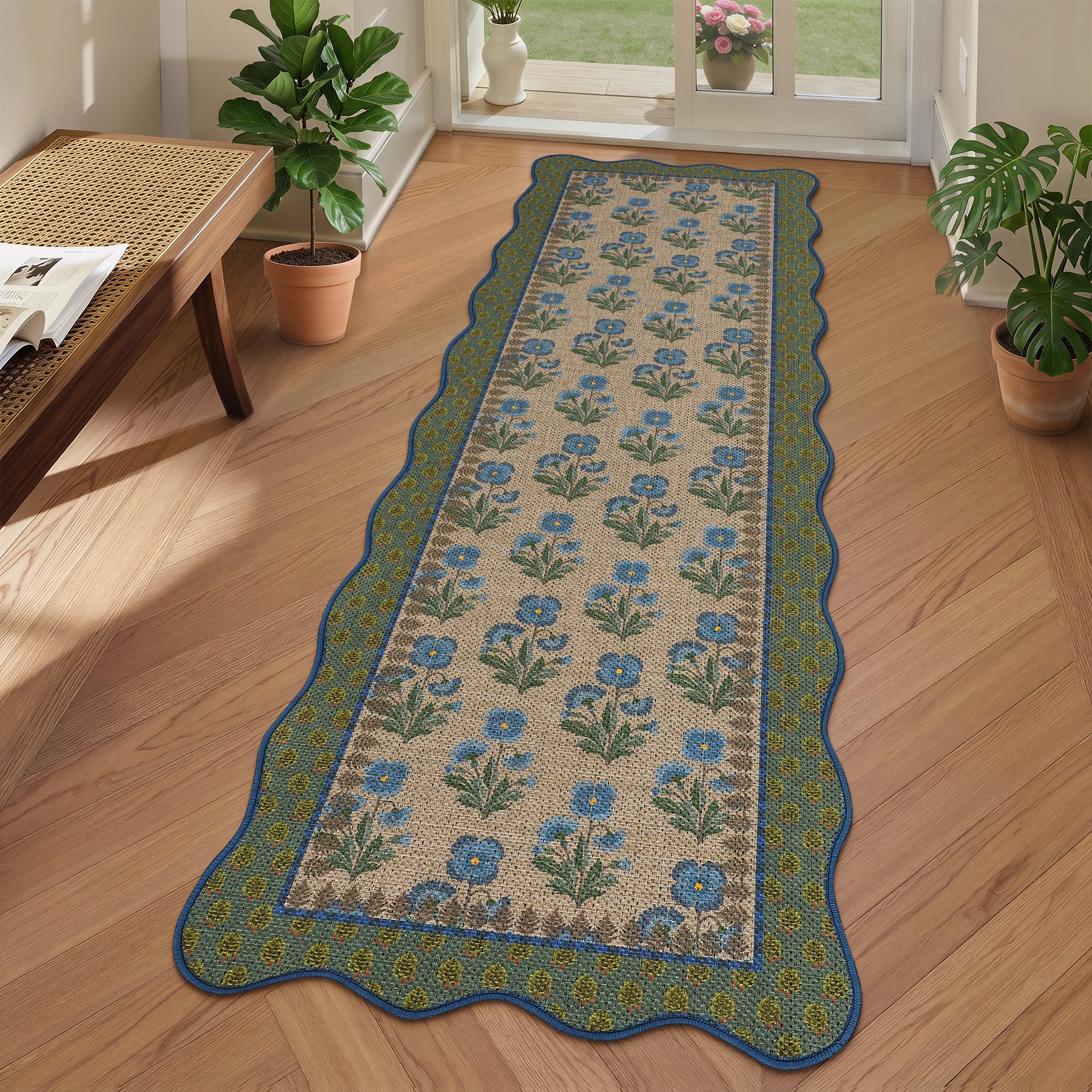 2x6/3x5 Scalloped Floral Easy Jute Washable Area Rug, Farmhouse Soft Low Pile Carpet for Hallway & Entryway, Oeko-Tex Certified