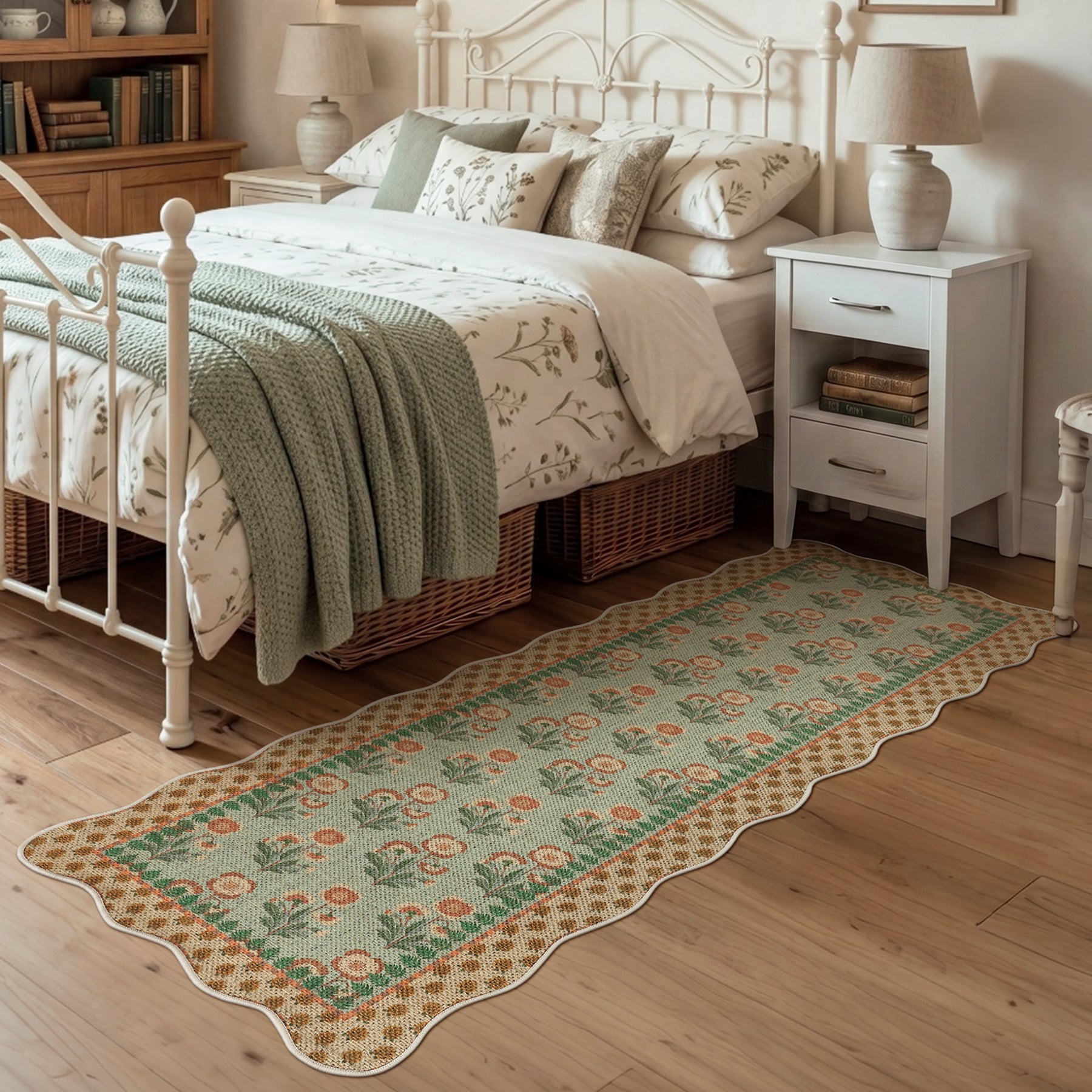 2x6/3x5 Scalloped Floral Easy Jute Washable Area Rug, Farmhouse Soft Low Pile Carpet for Hallway & Entryway, Oeko-Tex Certified