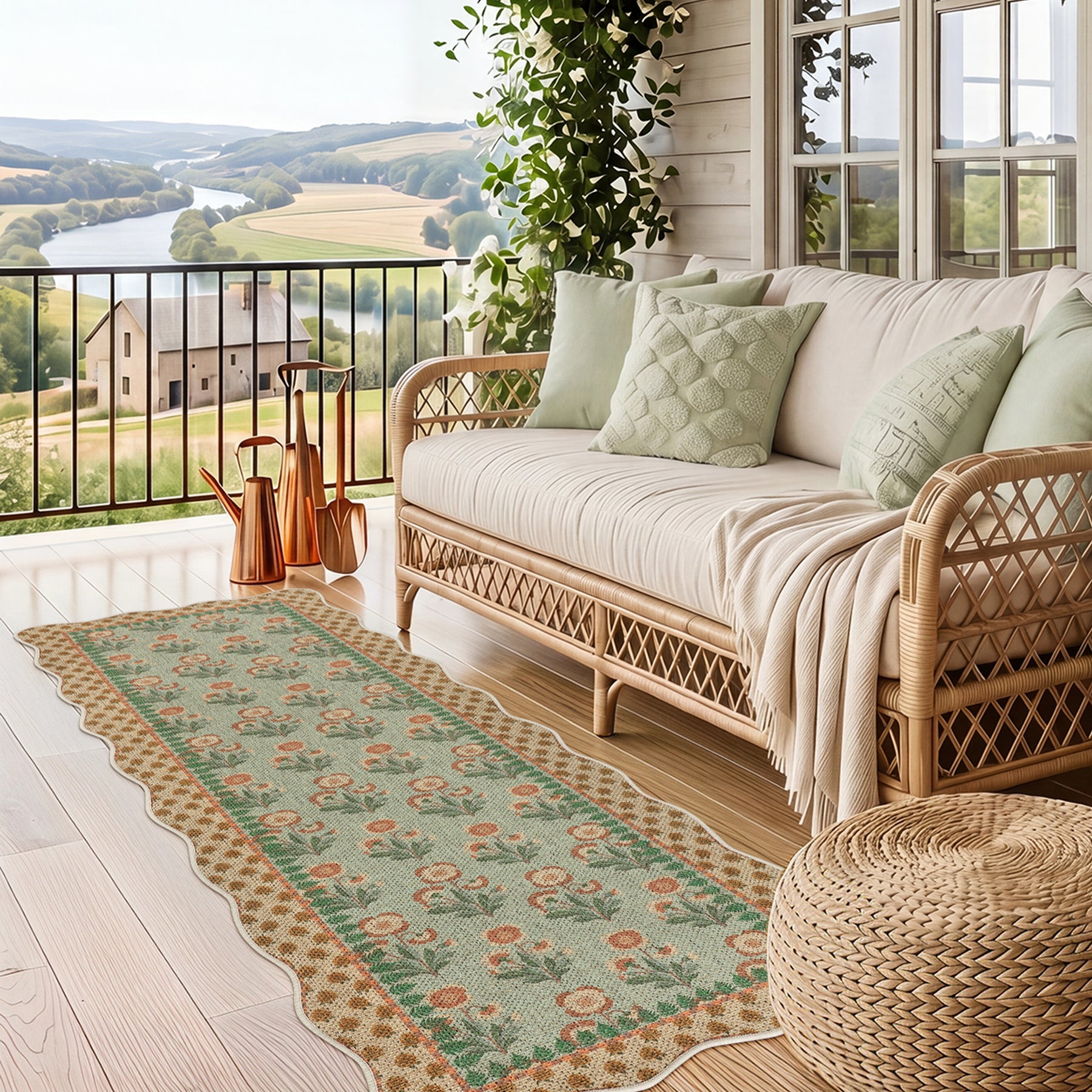2x6/3x5 Scalloped Floral Easy Jute Washable Area Rug, Farmhouse Soft Low Pile Carpet for Hallway & Entryway, Oeko-Tex Certified
