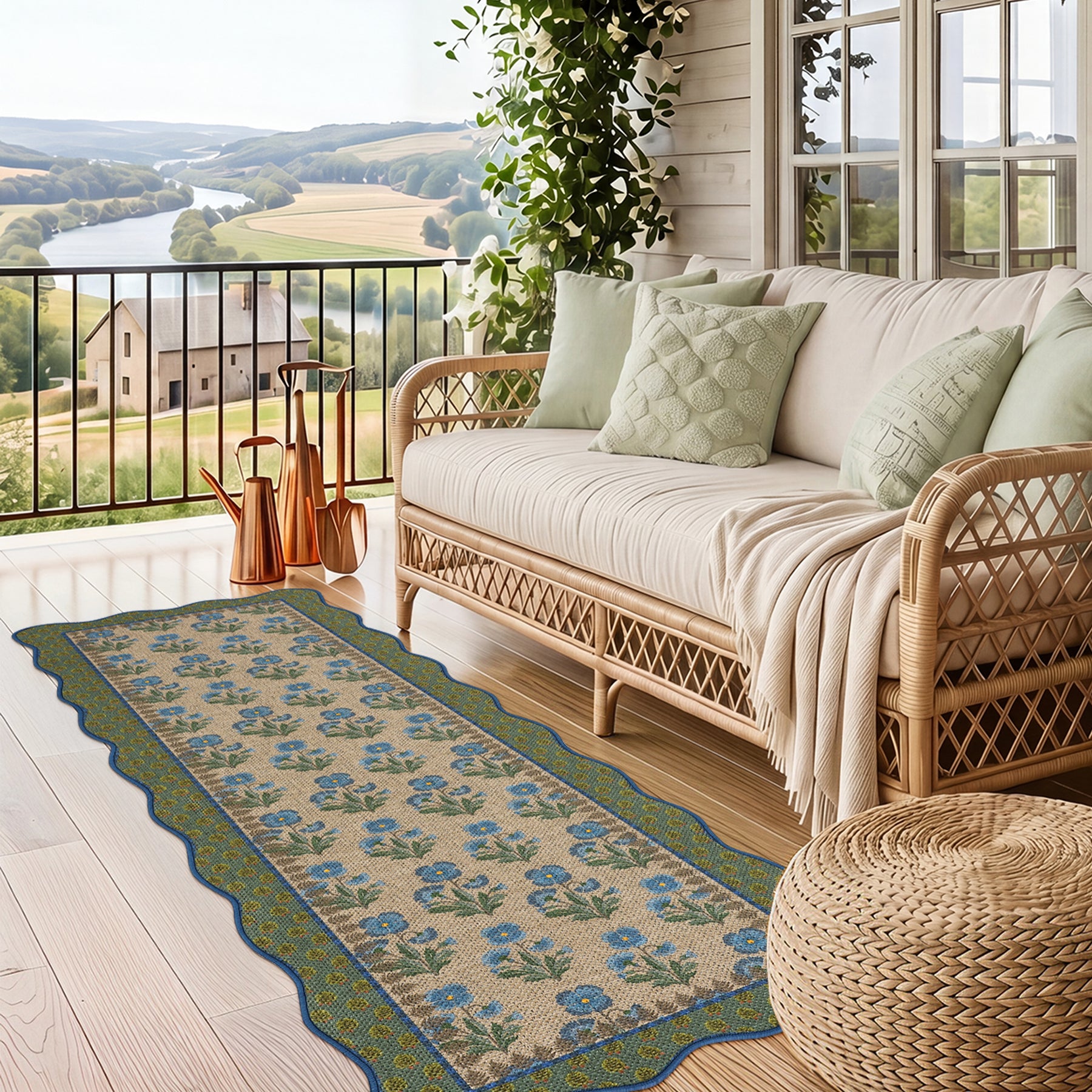 2x6/3x5 Scalloped Floral Easy Jute Washable Area Rug, Farmhouse Soft Low Pile Carpet for Hallway & Entryway, Oeko-Tex Certified