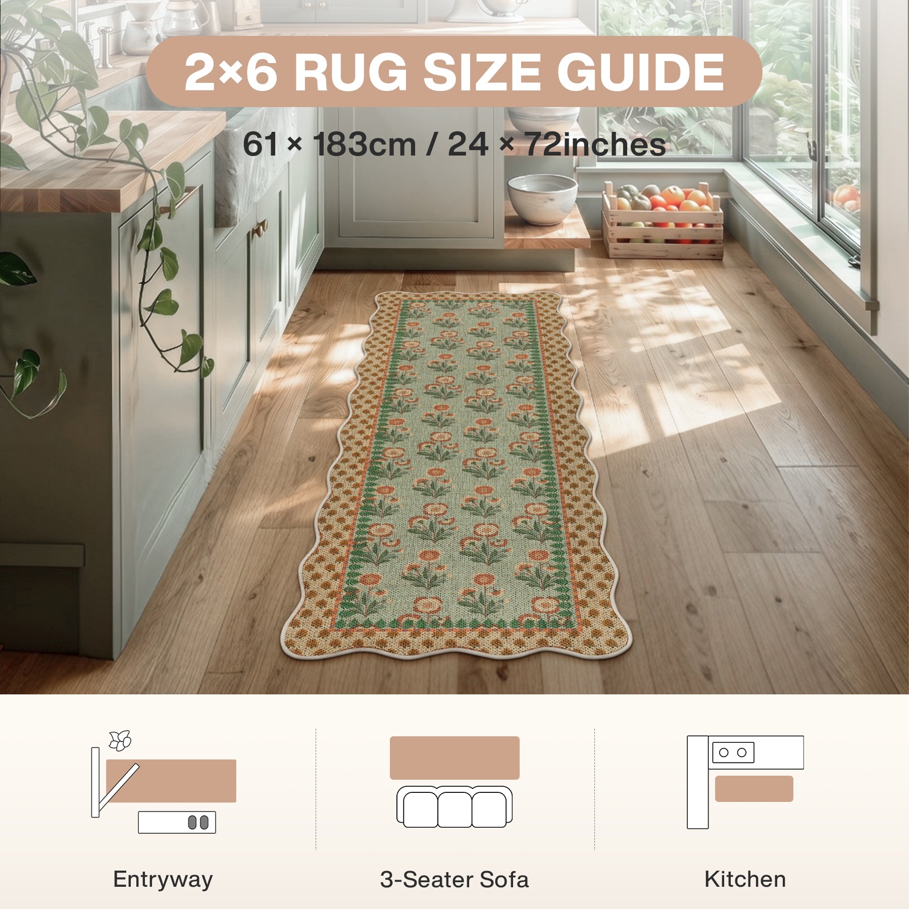 2x6/3x5 Scalloped Floral Easy Jute Washable Area Rug, Farmhouse Soft Low Pile Carpet for Hallway & Entryway, Oeko-Tex Certified