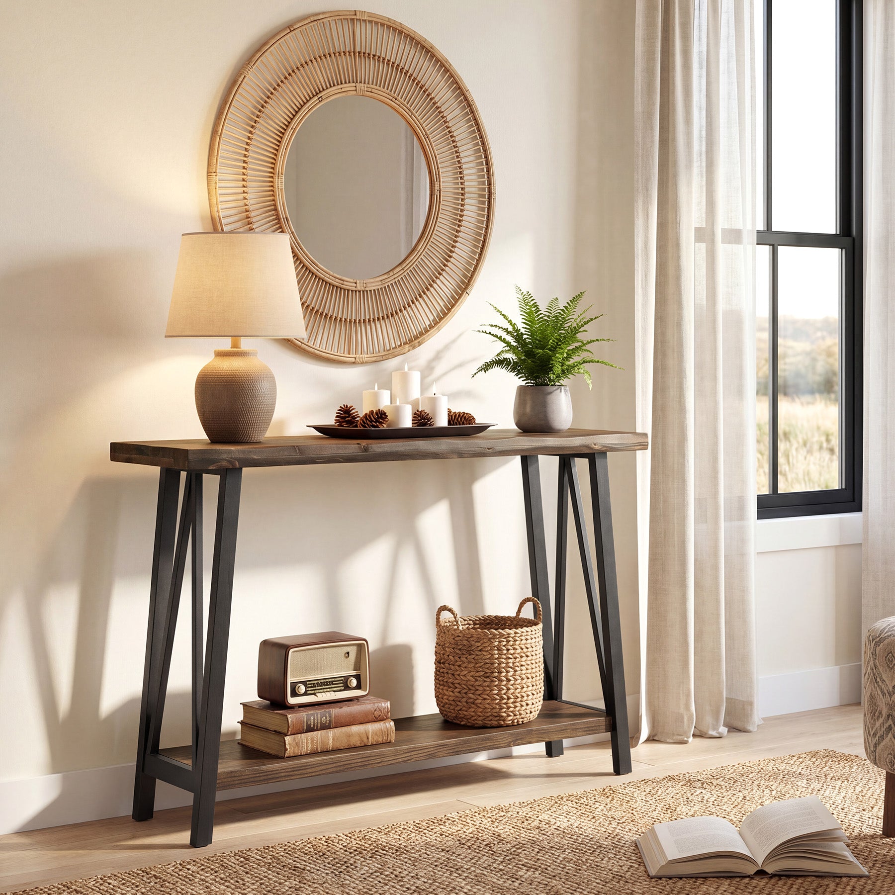 41.3" Live-Edge Solid Wood Console Table, 2-Tier Entryway Table with Metal Frame