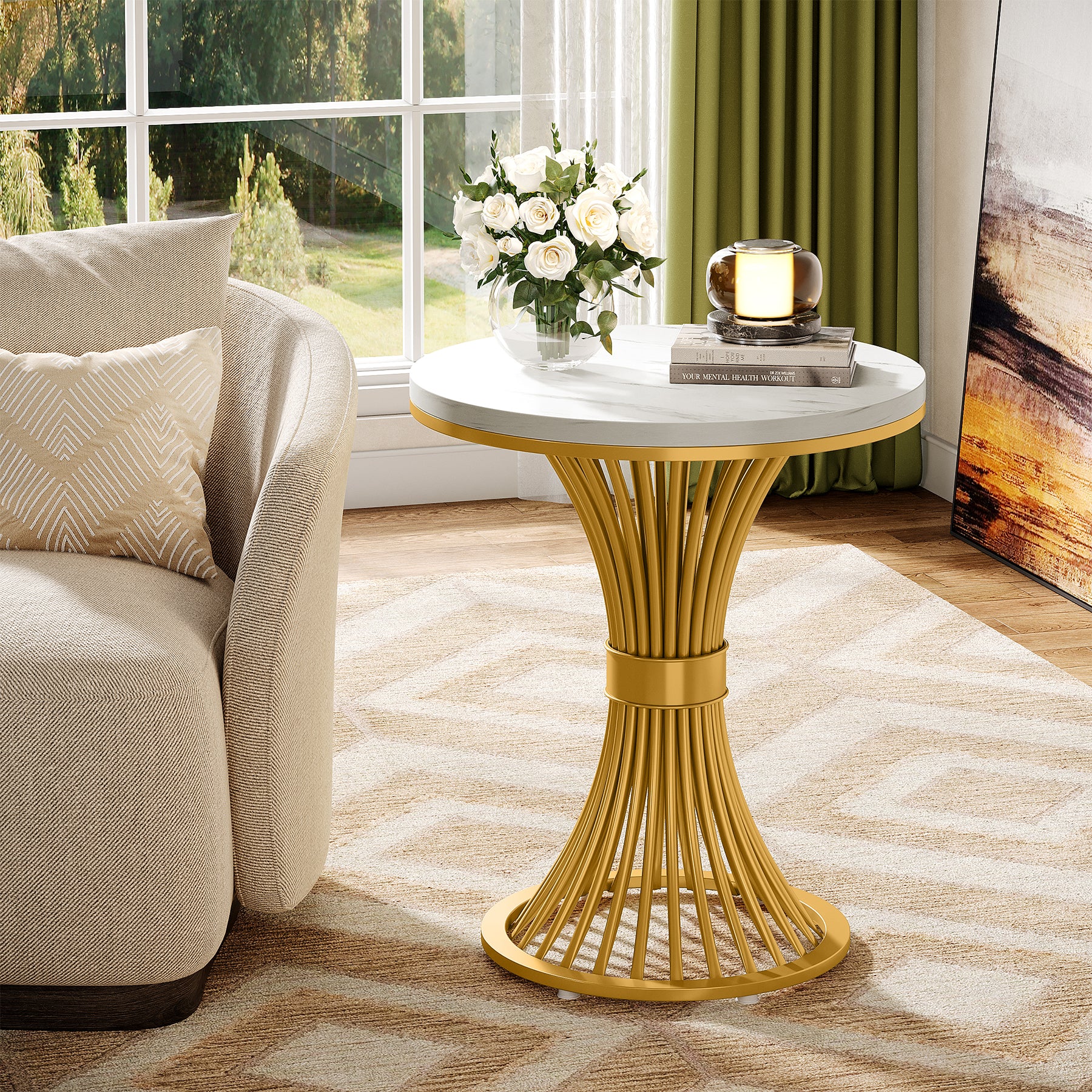 Tribesigns Set of 2 Round End Tables, Modern Faux Marble with Gold Base