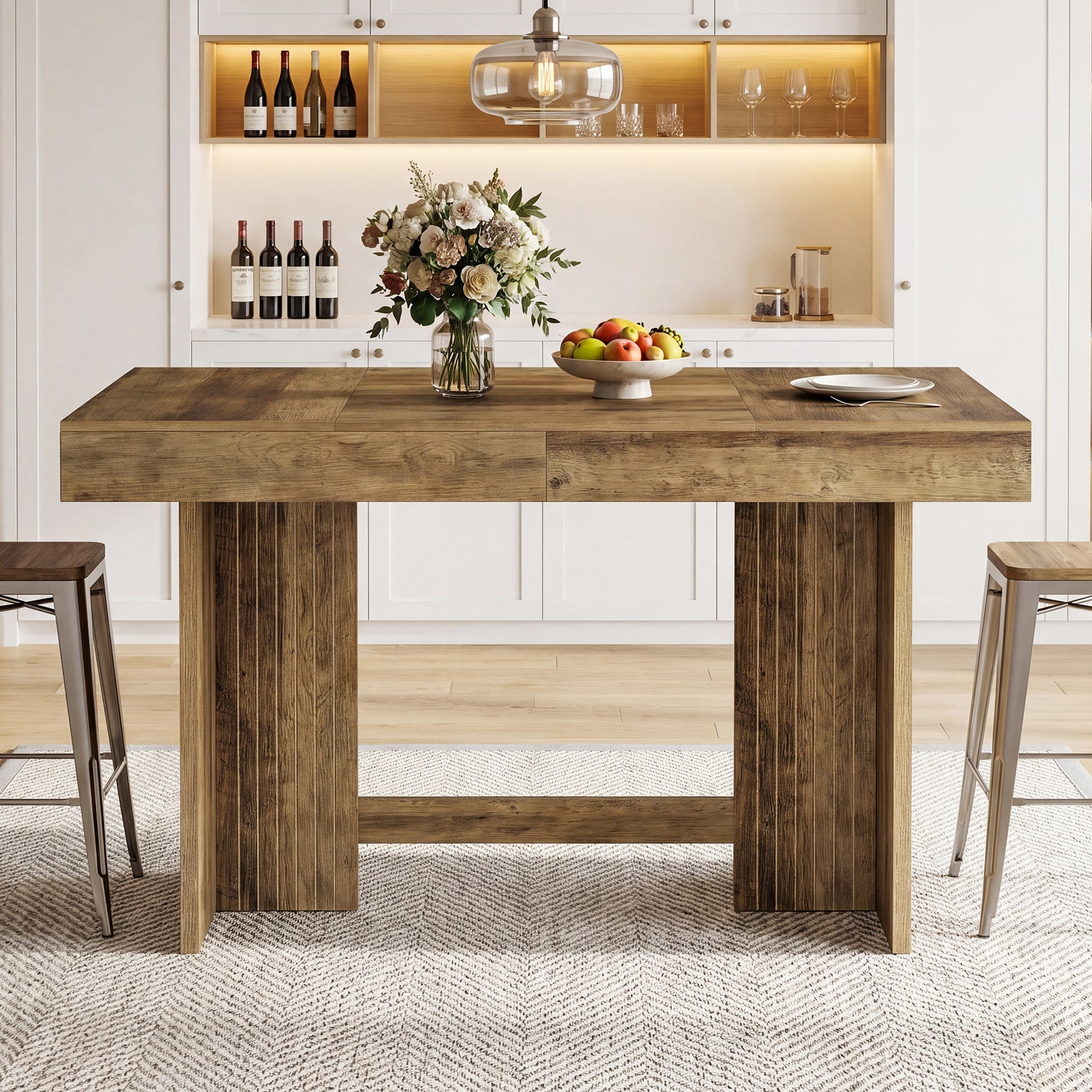 55" Bar Table, Farmhouse High-Top Pub Table with Large Worktop for Bistro