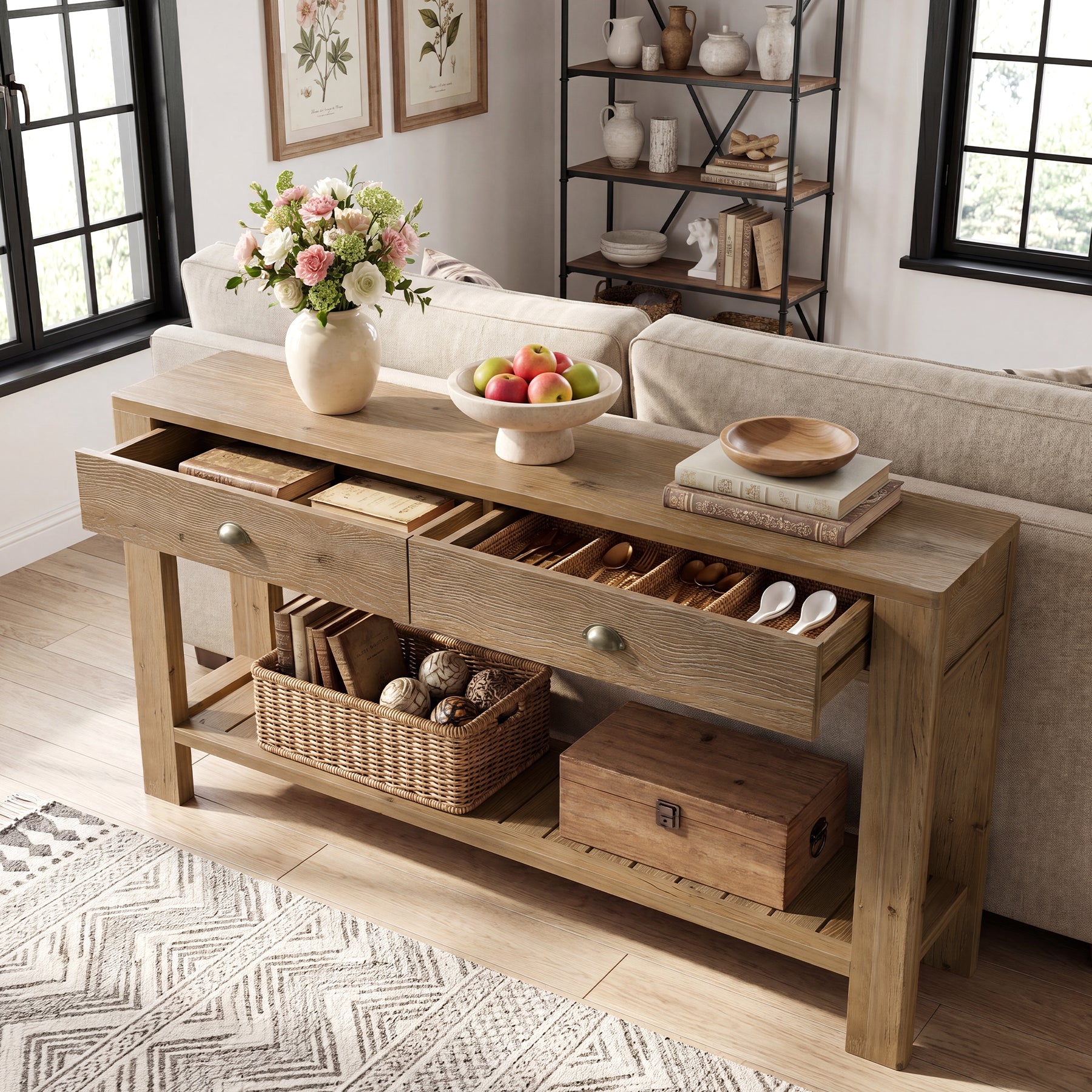 55" Solid Wood Console Table, Narrow Entryway Table with 2 Drawers & Storage Shelf,