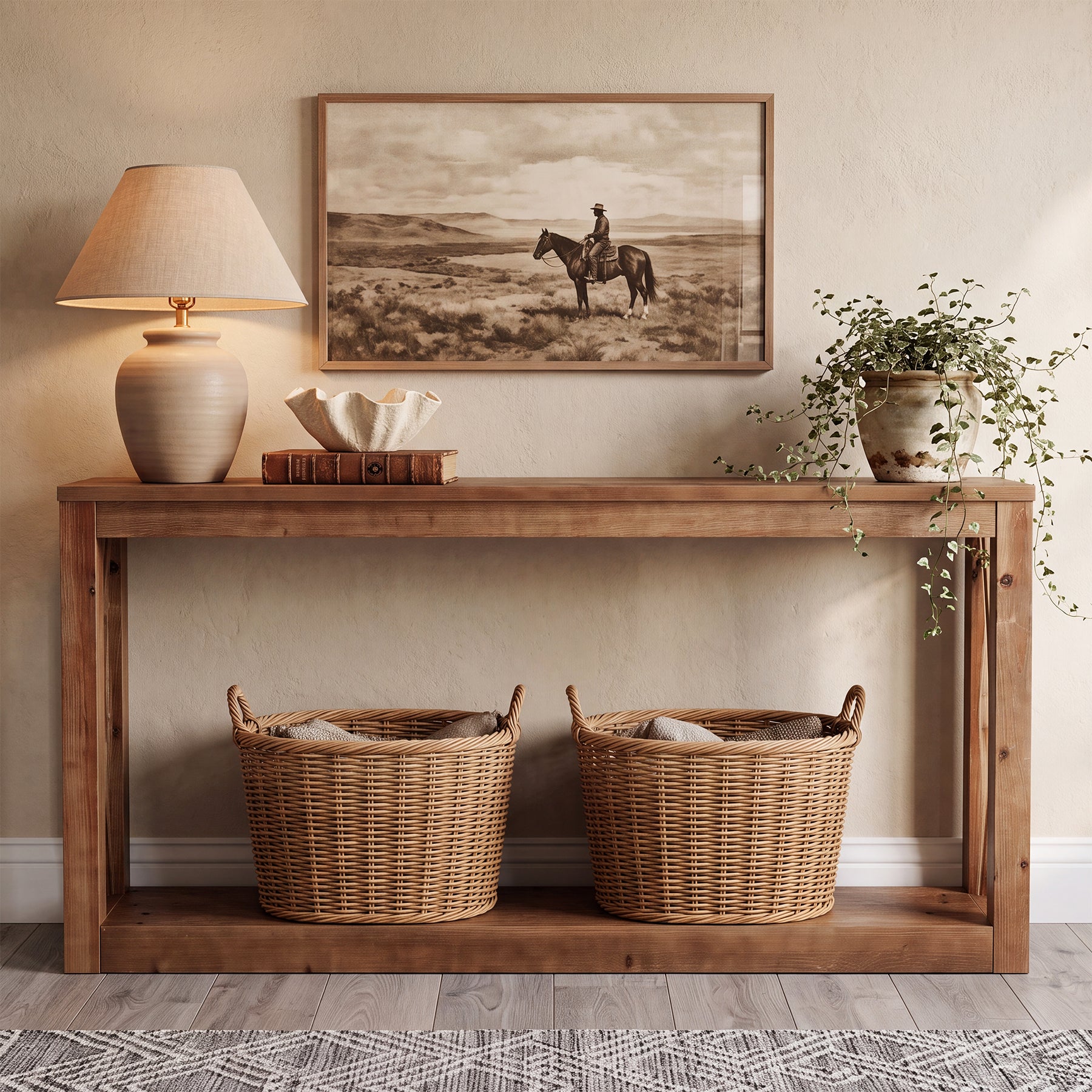 63" Solid Wood Console Table, 2-Tier Open Storage Entryway Table with X-Shaped Sides