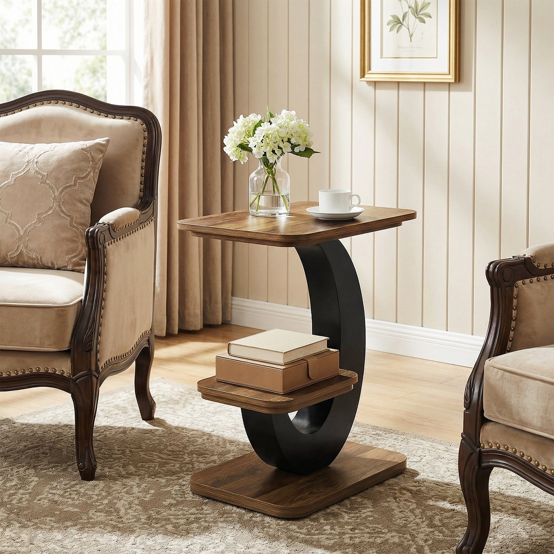 2-Tier End Table, Narrow Side Table with Metal Arc-Shaped Frame