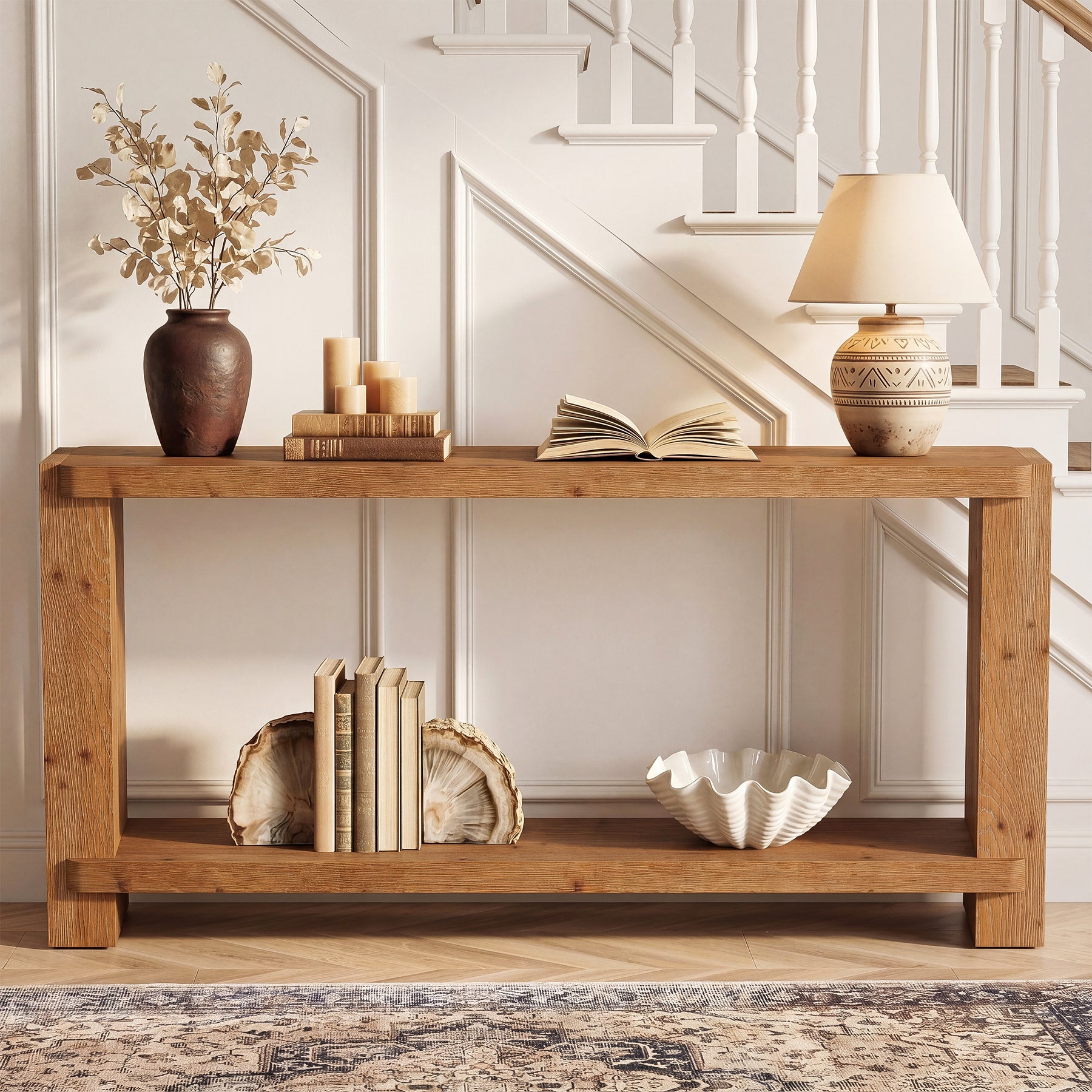 57" Solid Wood Console Table, Narrow Entryway Sofa Table with Shelf for Hallway