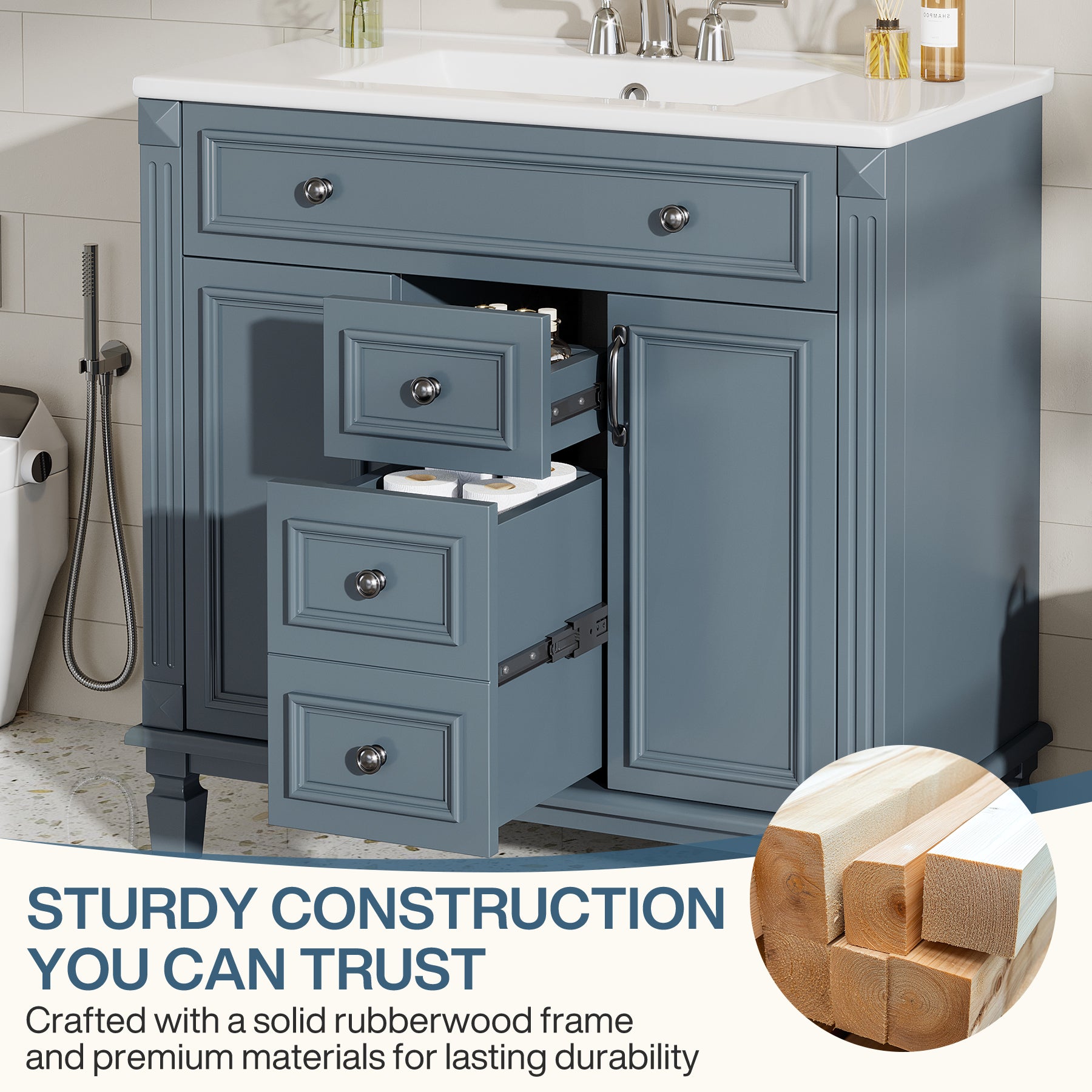 36" Bathroom Vanity With Sink, Bath Storage Vanity with 2 Drawers & 2 Door Organizers
