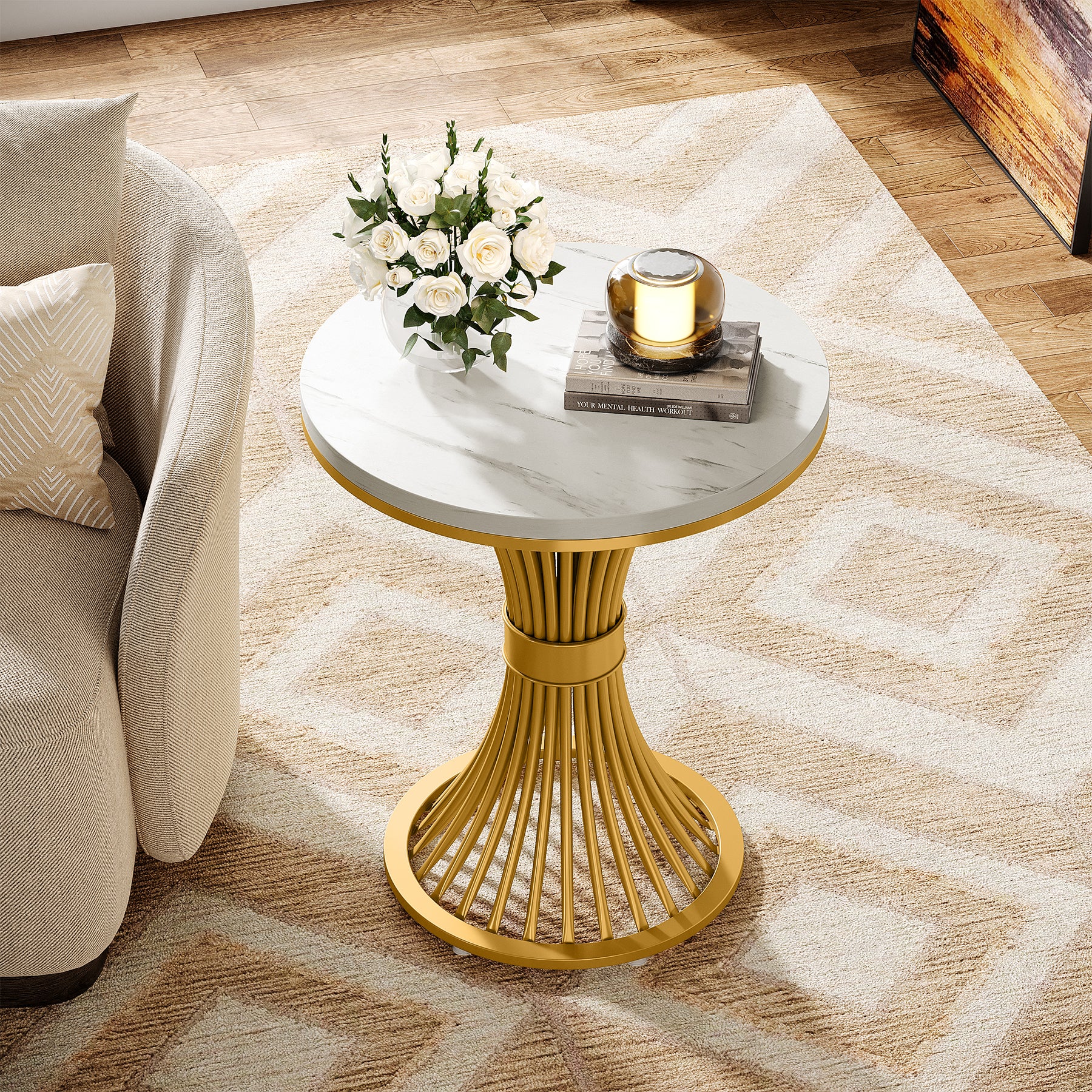 Tribesigns Set of 2 Round End Tables, Modern Faux Marble with Gold Base