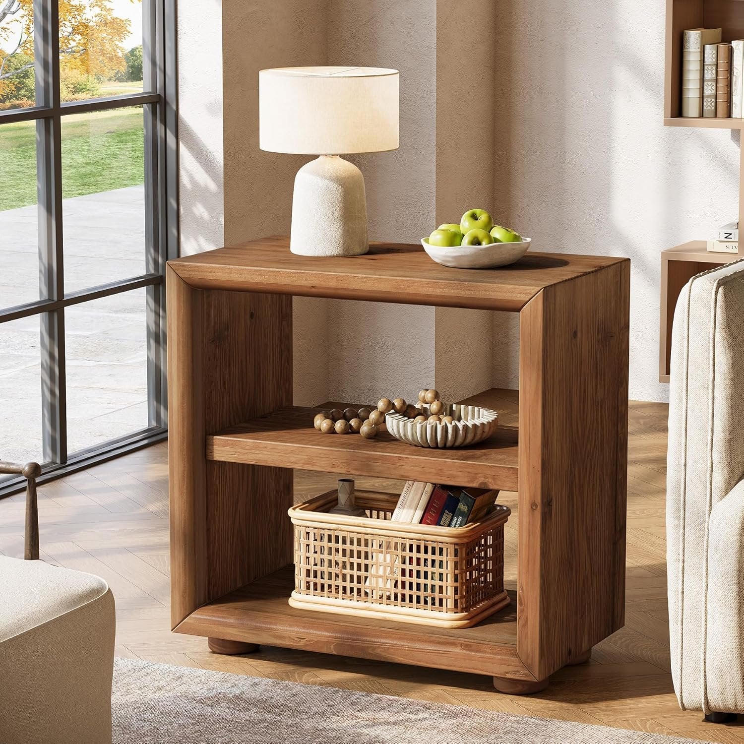 3-Tier End Table, Wood Side Table Nightstand with Storage Shelves