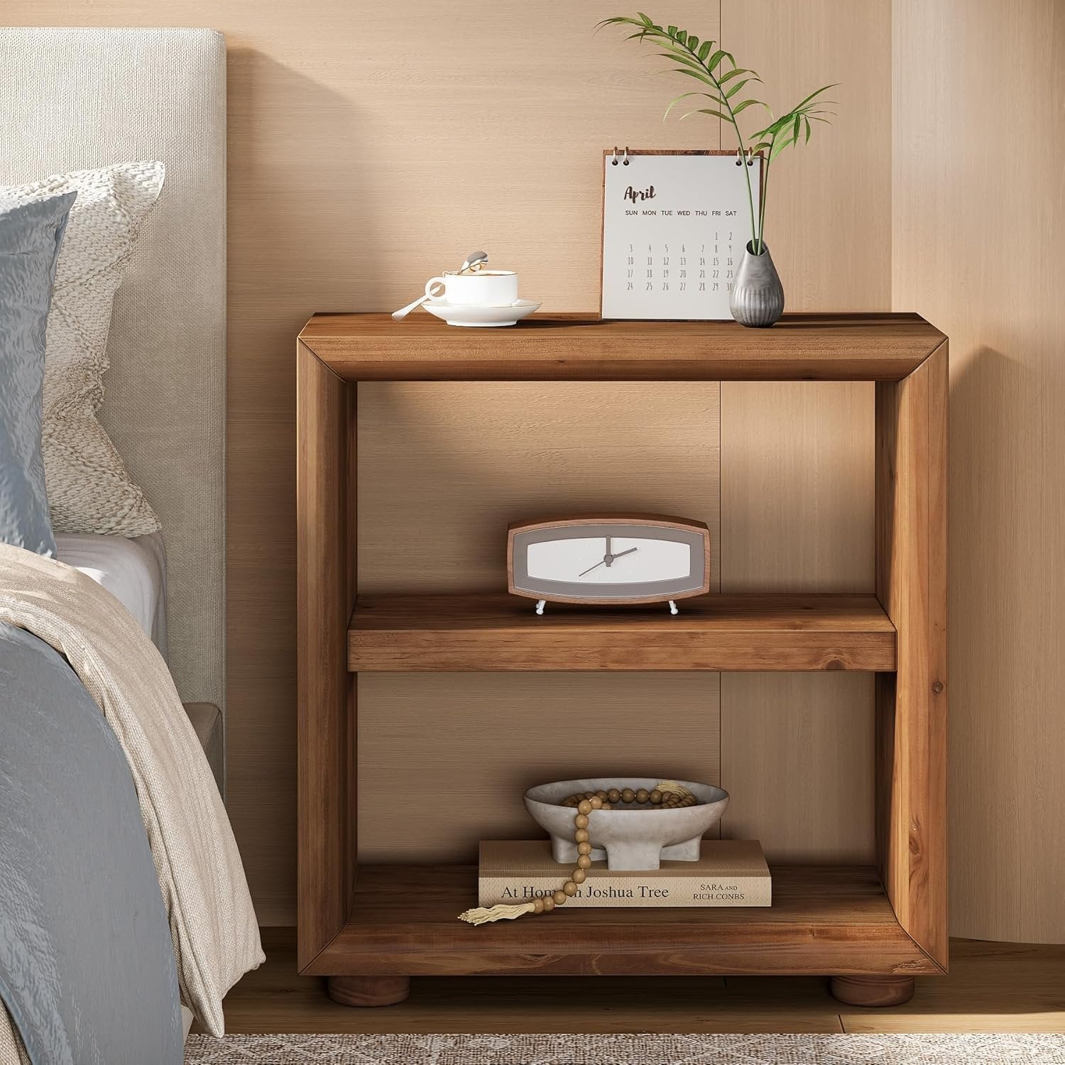 3-Tier End Table, Wood Side Table Nightstand with Storage Shelves