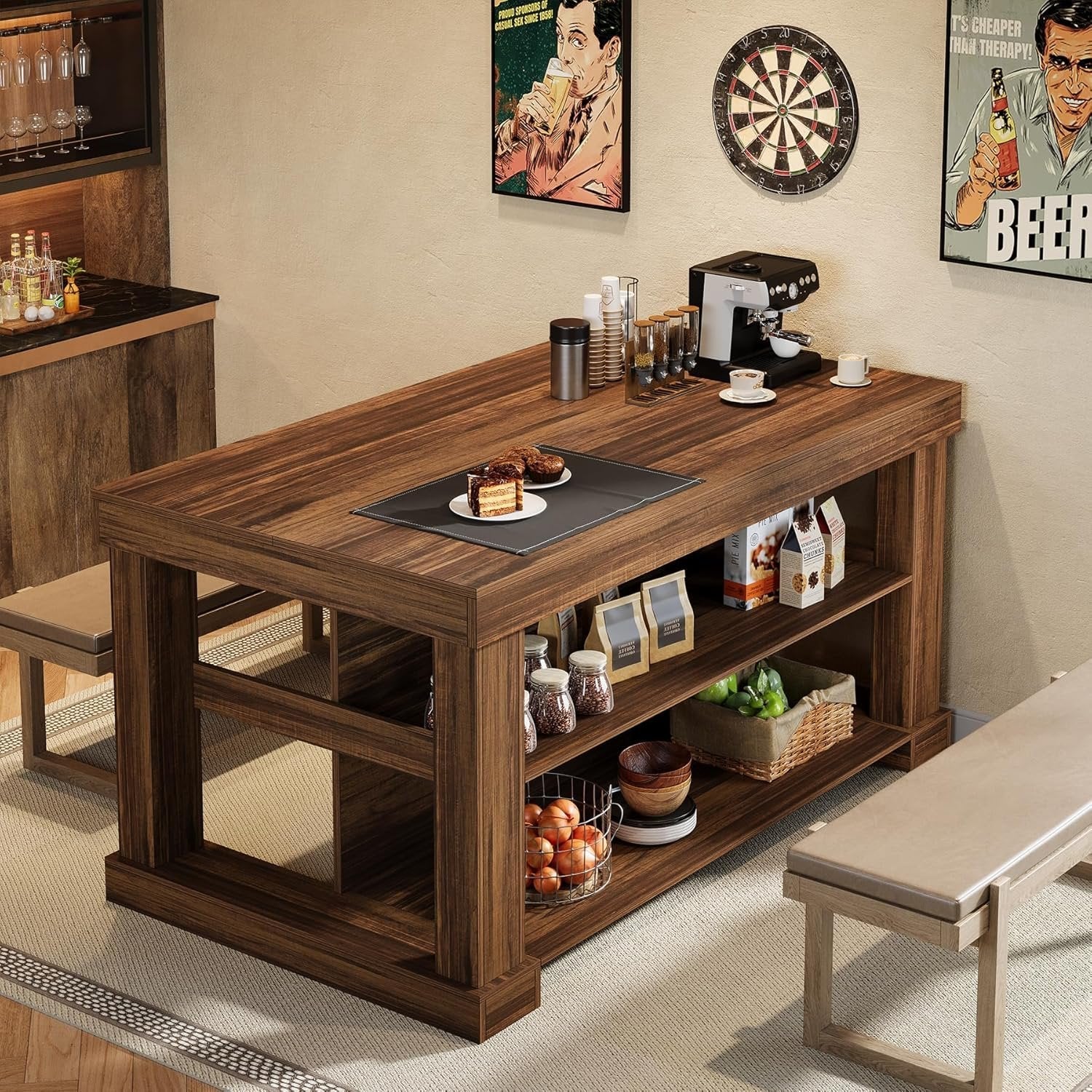 3-Tier Kitchen Island, 55" Width Kitchen Shelf with Large Worktop