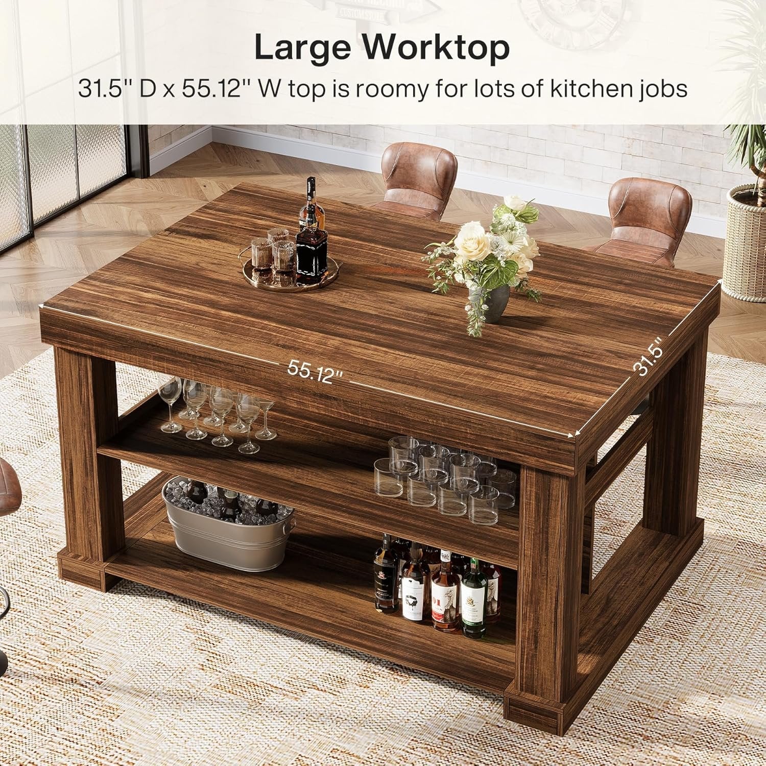 3-Tier Kitchen Island, 55" Width Kitchen Shelf with Large Worktop