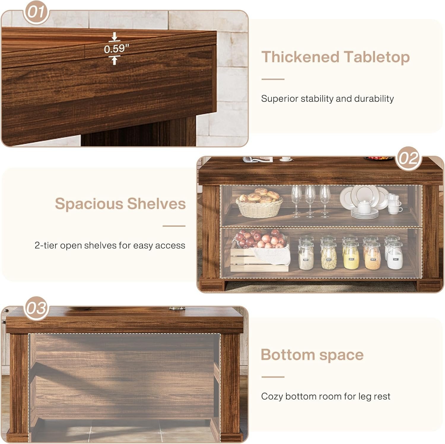 3-Tier Kitchen Island, 55" Width Kitchen Shelf with Large Worktop