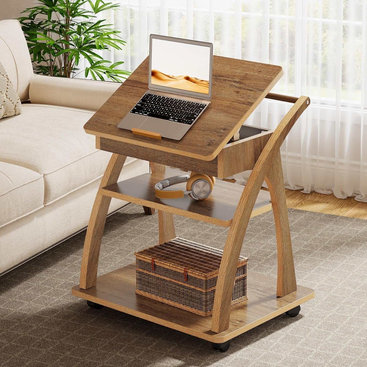 3-Tier Side Table, Rolling End Table for Couch with Adjustable Tabletop
