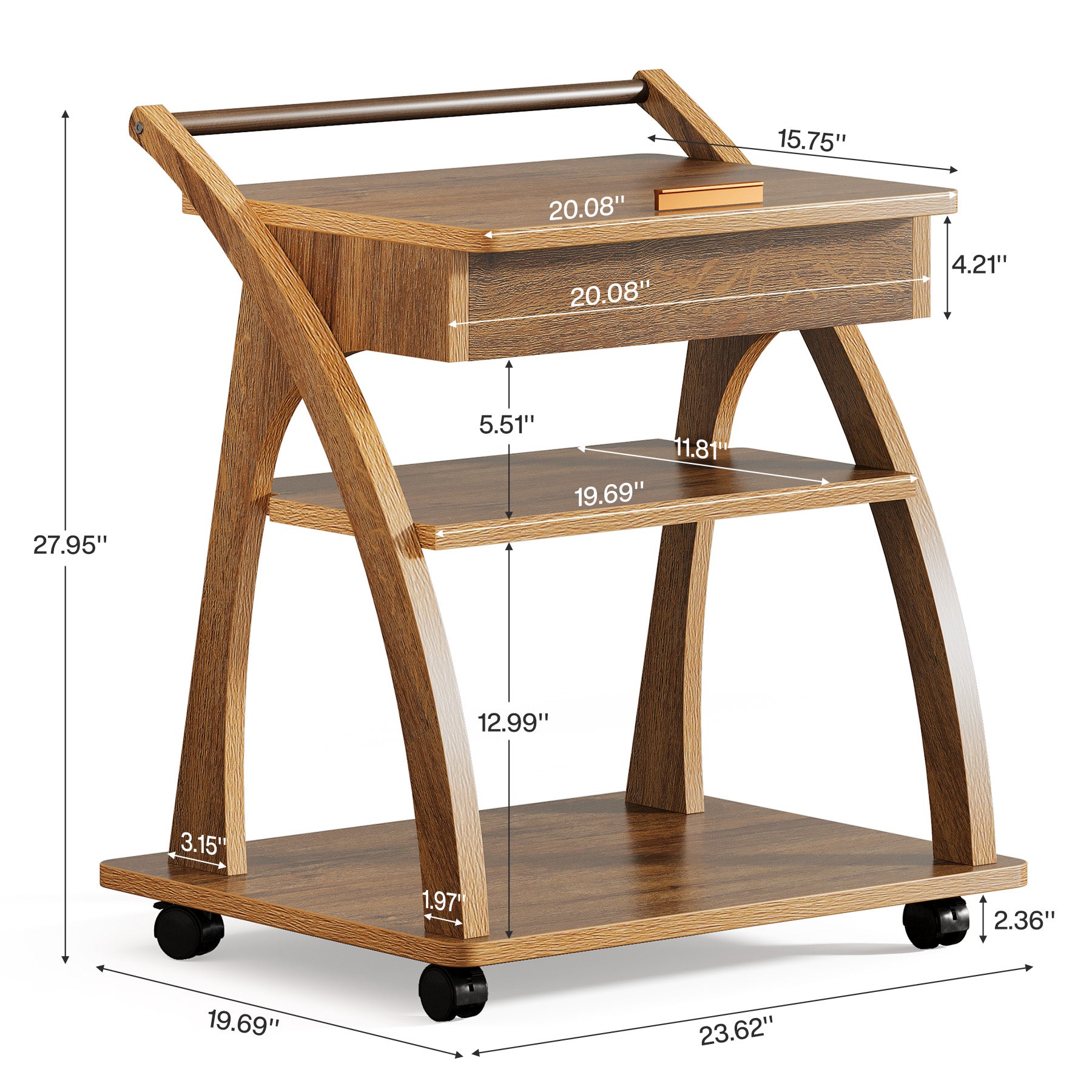 3-Tier Side Table, Rolling End Table for Couch with Adjustable Tabletop