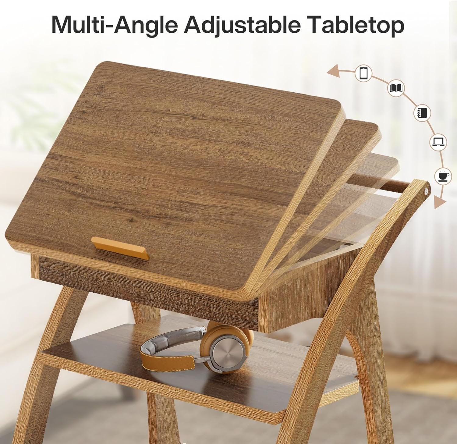 3-Tier Side Table, Rolling End Table for Couch with Adjustable Tabletop