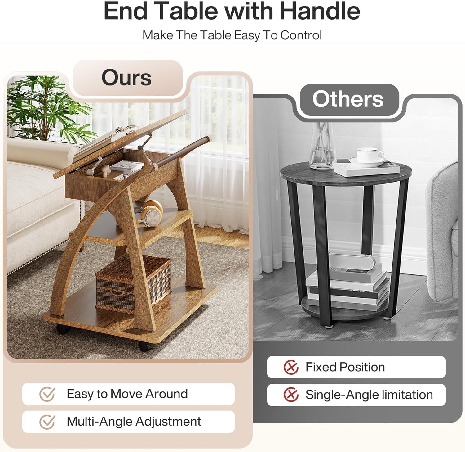 3-Tier Side Table, Rolling End Table for Couch with Adjustable Tabletop