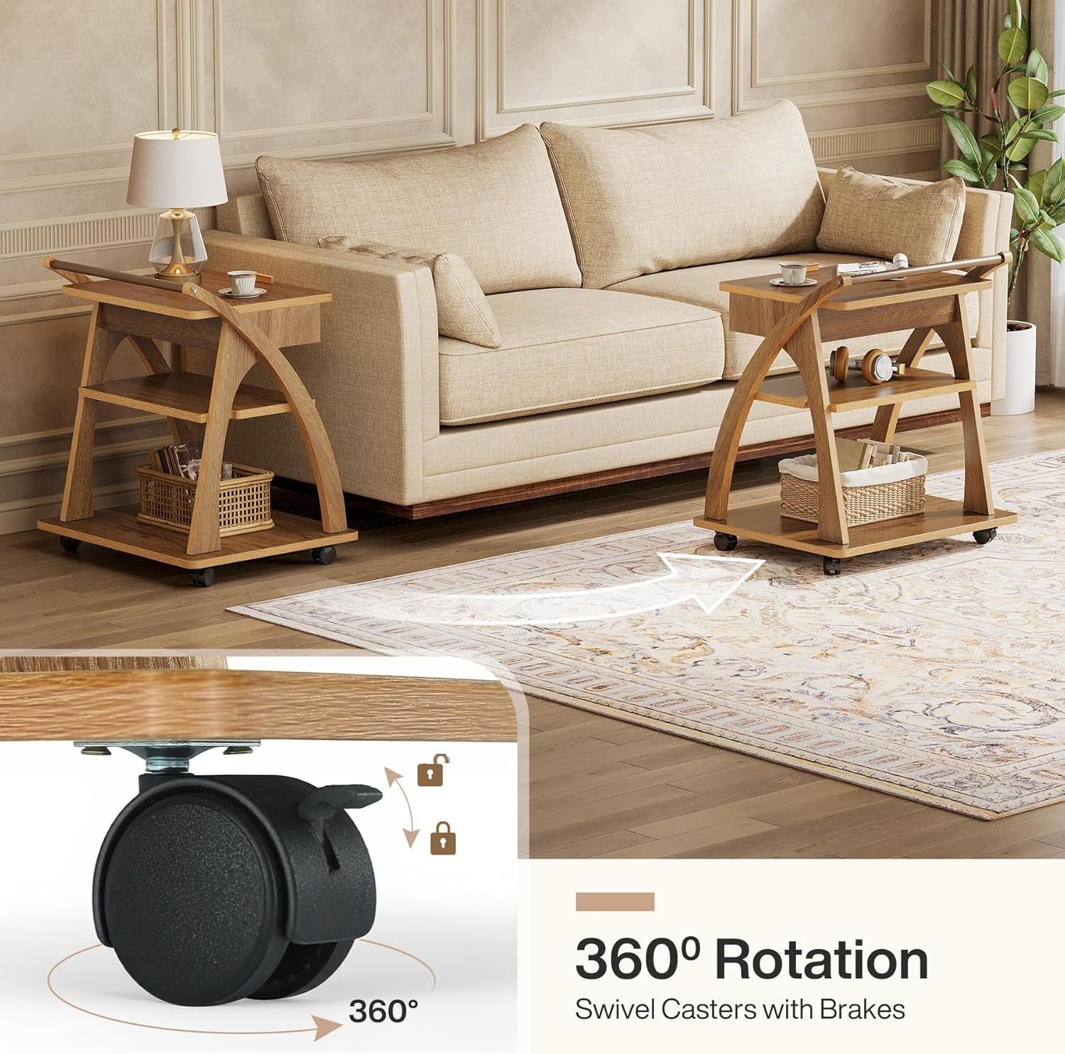 3-Tier Side Table, Rolling End Table for Couch with Adjustable Tabletop