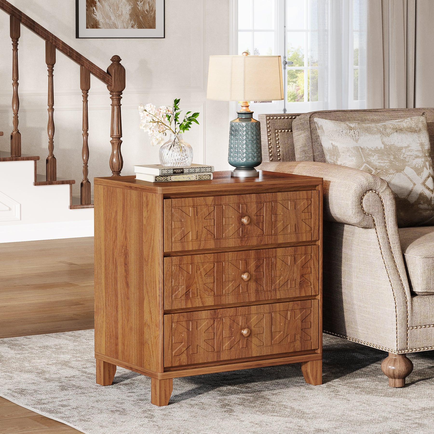 3 - Drawer Nightstand, Farmhouse Bedside Table with Elegant Patterns Tribesigns