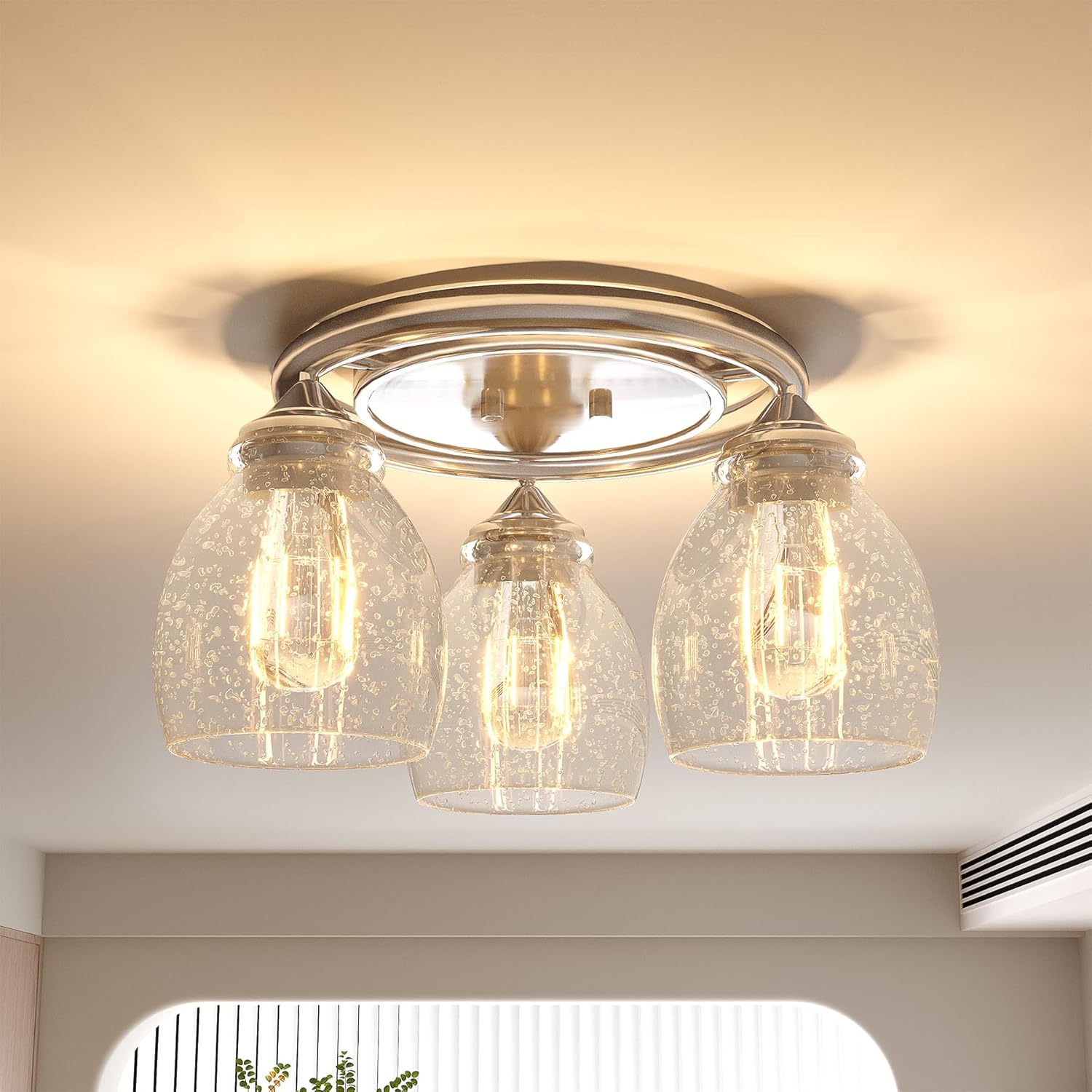 3 - Lights Light Fixture, Modern Sand Nickel Ceiling Lamp with Clear Bubble Glass Tribesigns
