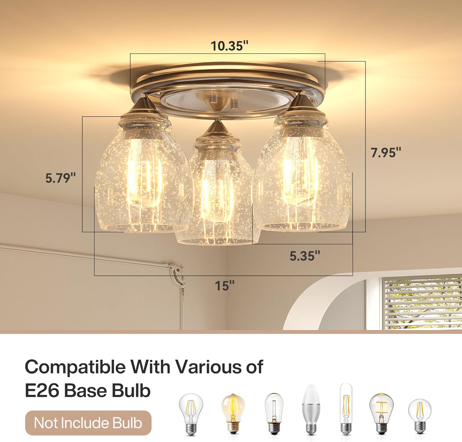 3 - Lights Light Fixture, Modern Sand Nickel Ceiling Lamp with Clear Bubble Glass Tribesigns