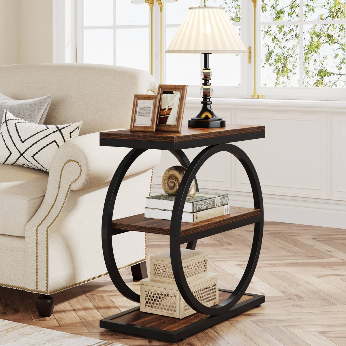 3-Tier End Table, Industrial Sofa Side Table with Round Metal Frame, Brown / 1PC