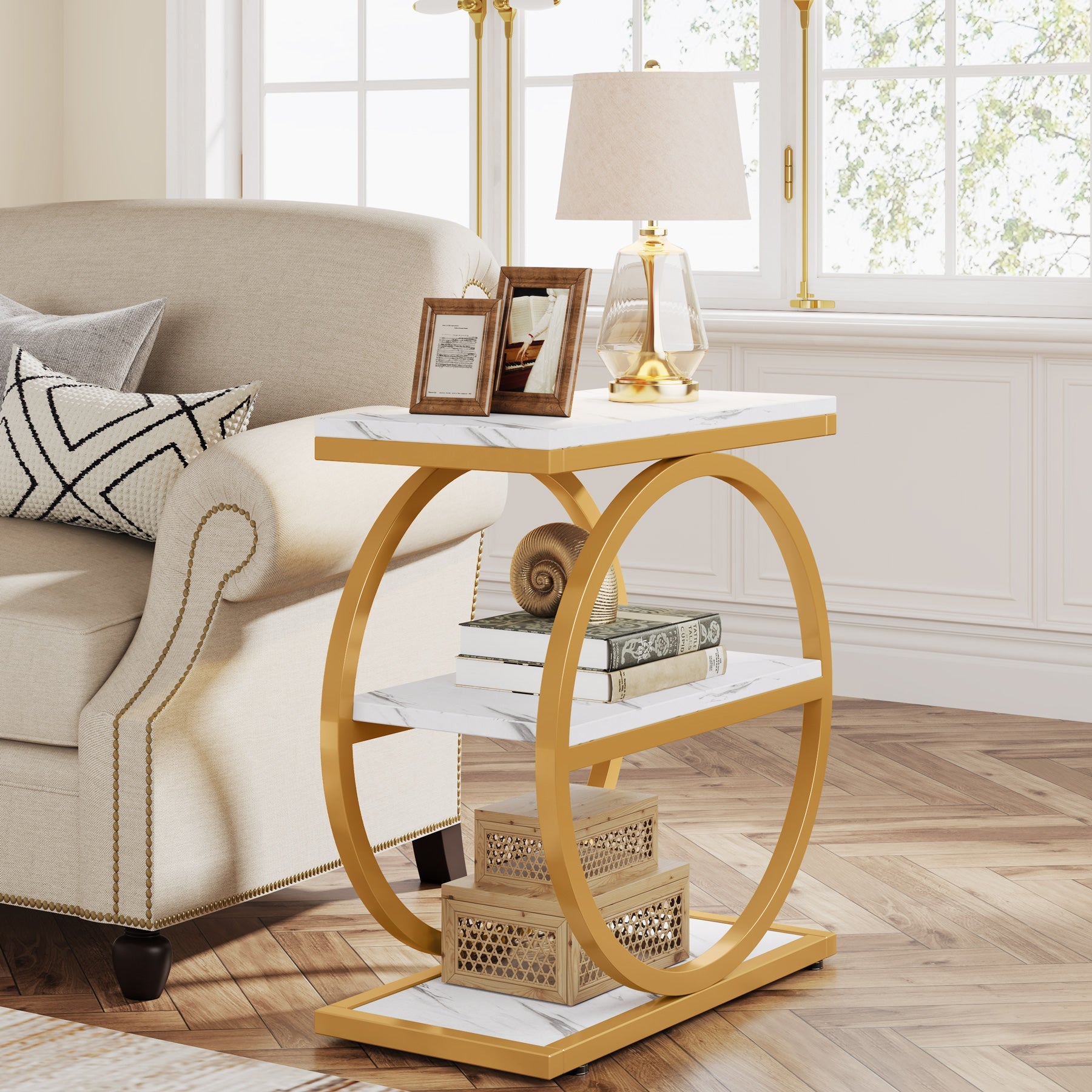 3 - Tier End Table, Industrial Sofa Side Table with Round Metal Frame Tribesigns