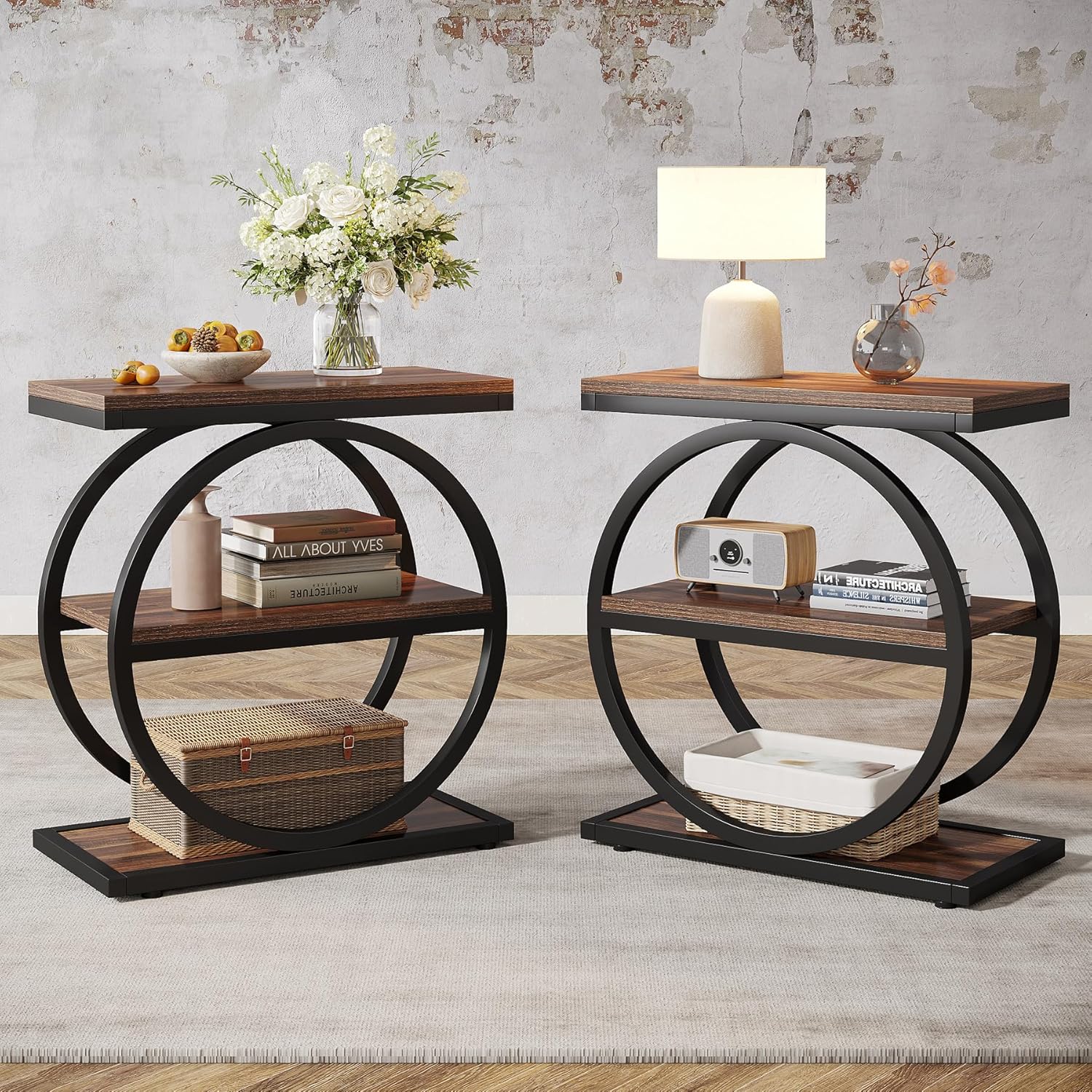 3 - Tier End Table, Industrial Sofa Side Table with Round Metal Frame Tribesigns