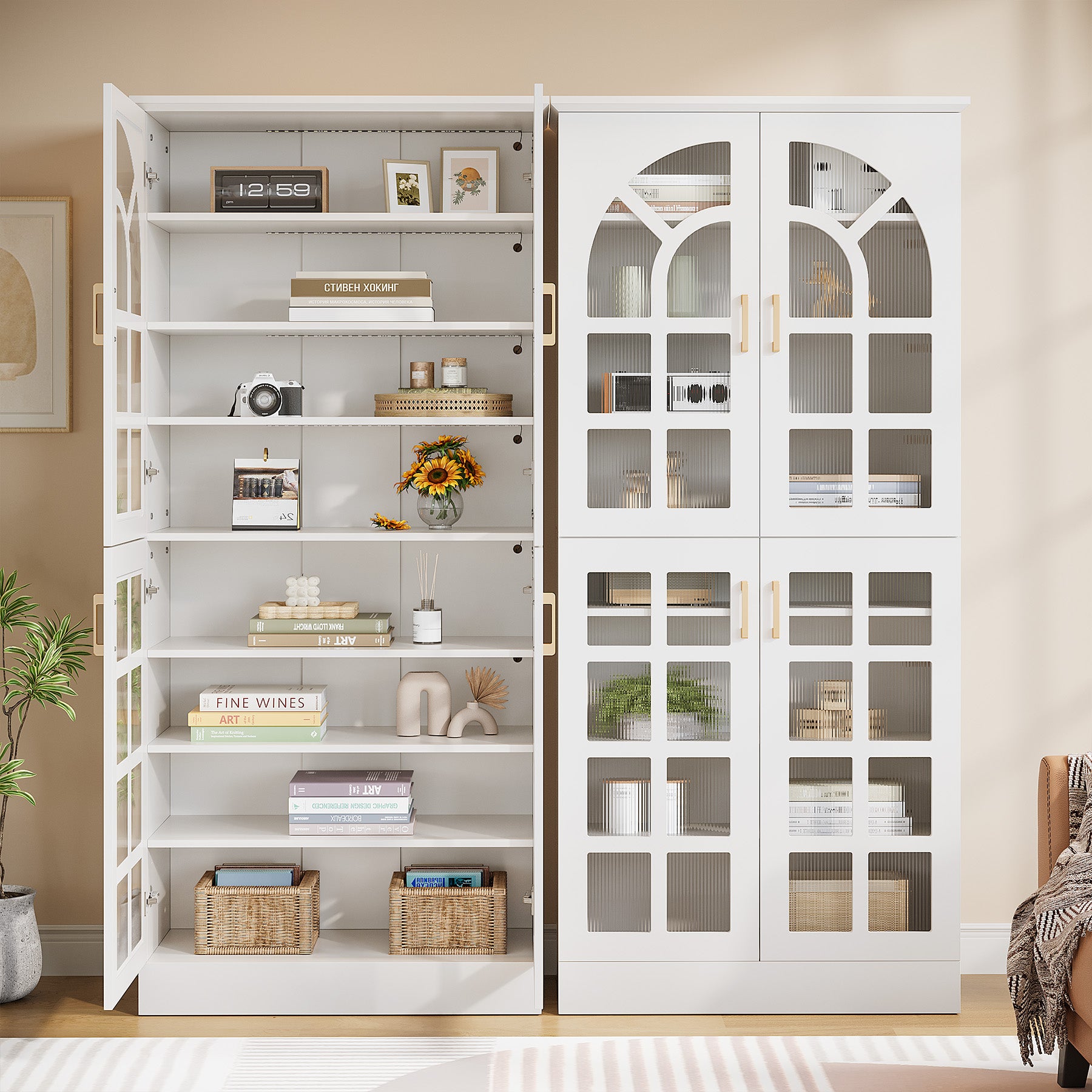 69" Storage Cabinet, Modern Bookcase with Doors and LED Lights