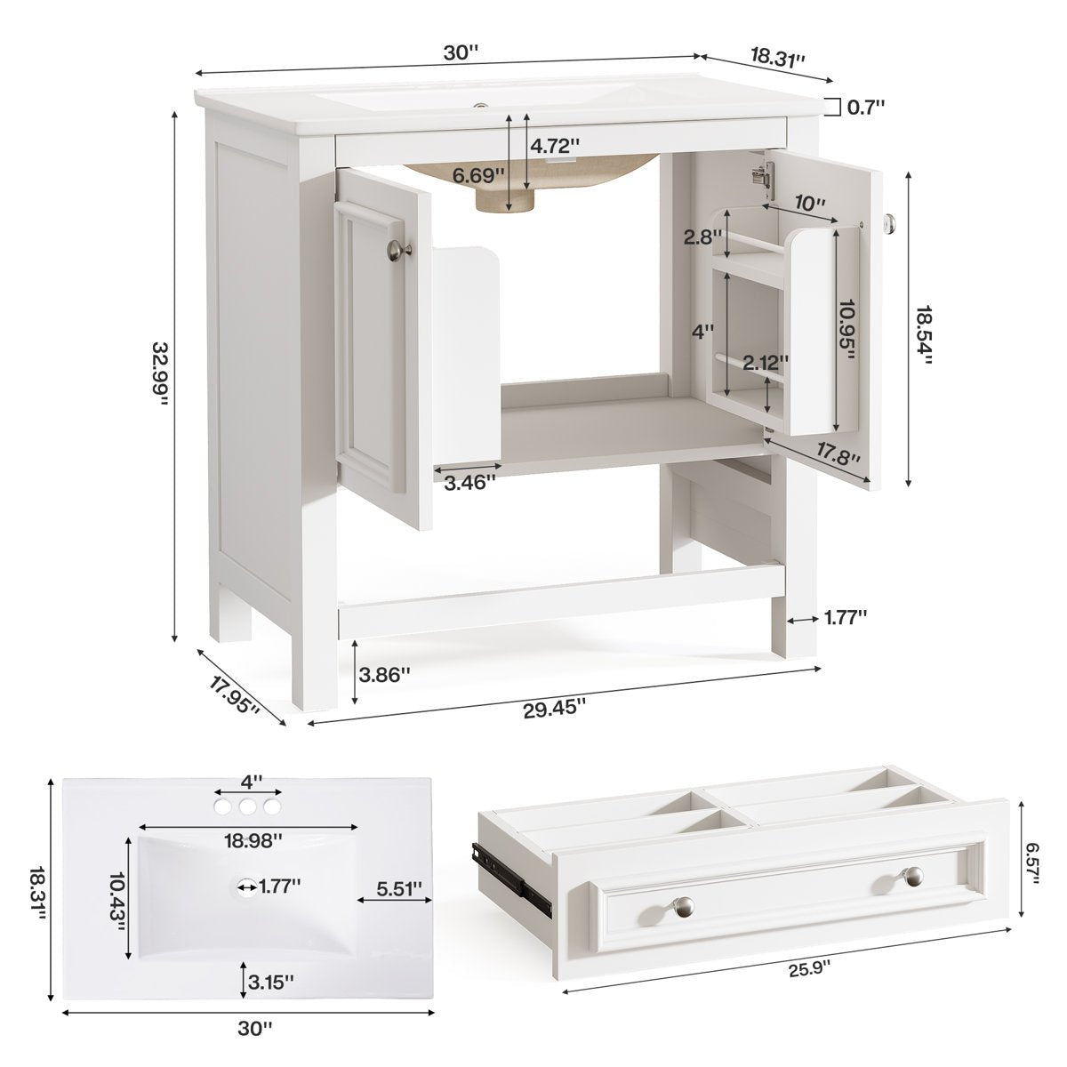 30" Bathroom Vanity, Modern Vanity Cabinet with Ceramic Basin and 1 Drawer Tribesigns