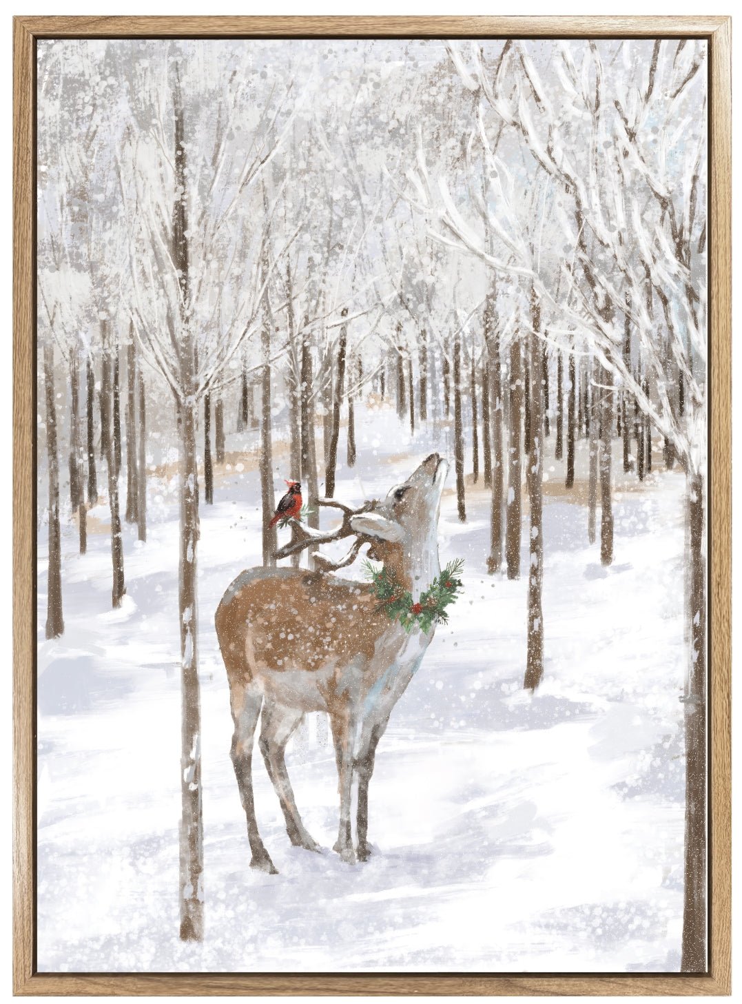 28x20 Christmas Deer Wall Art, Hand-Painted Farmhouse Winter Forest Canvas