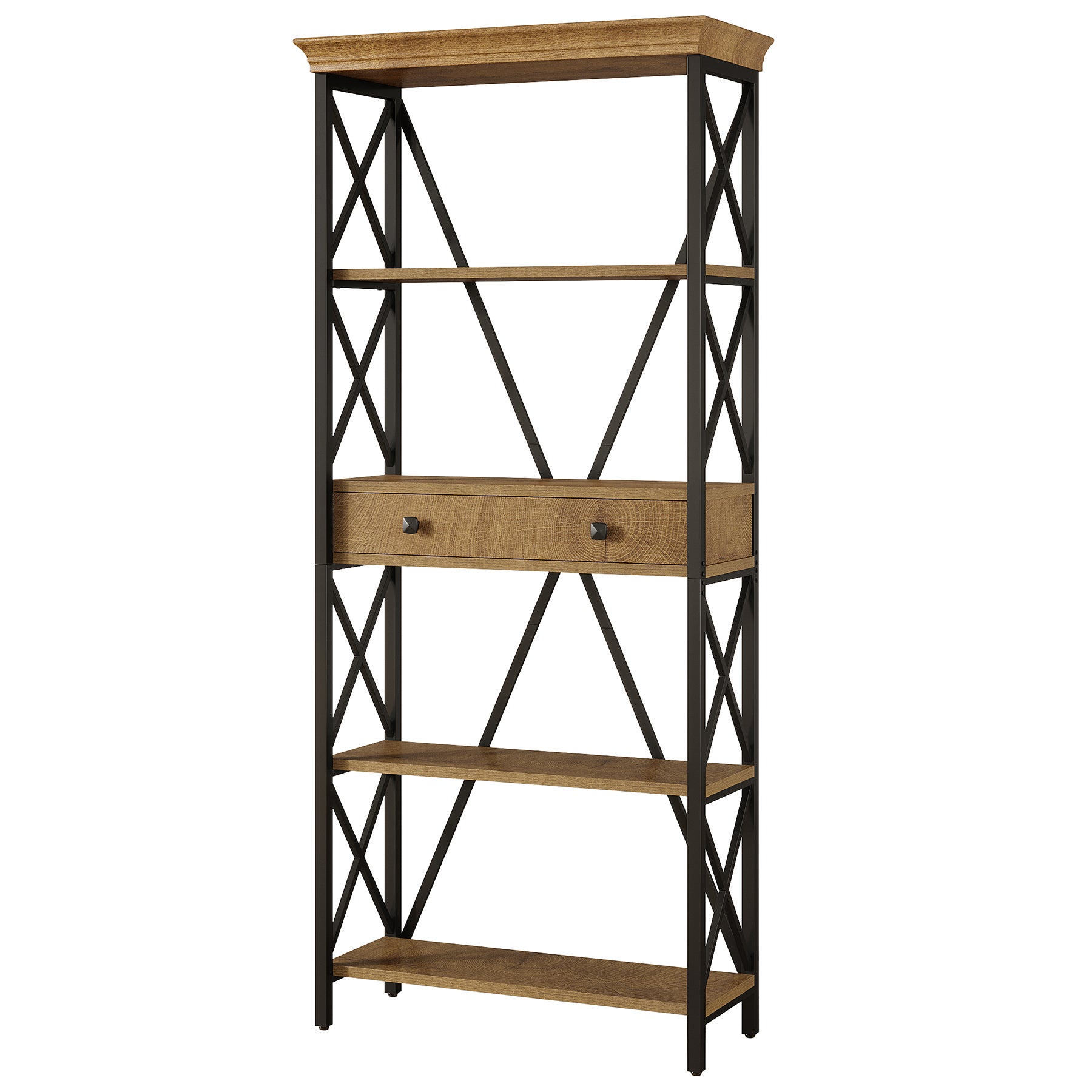 70.9" Bookshelf with Drawer, Industrial Bookcase with Open Shelf and Stable X Frame