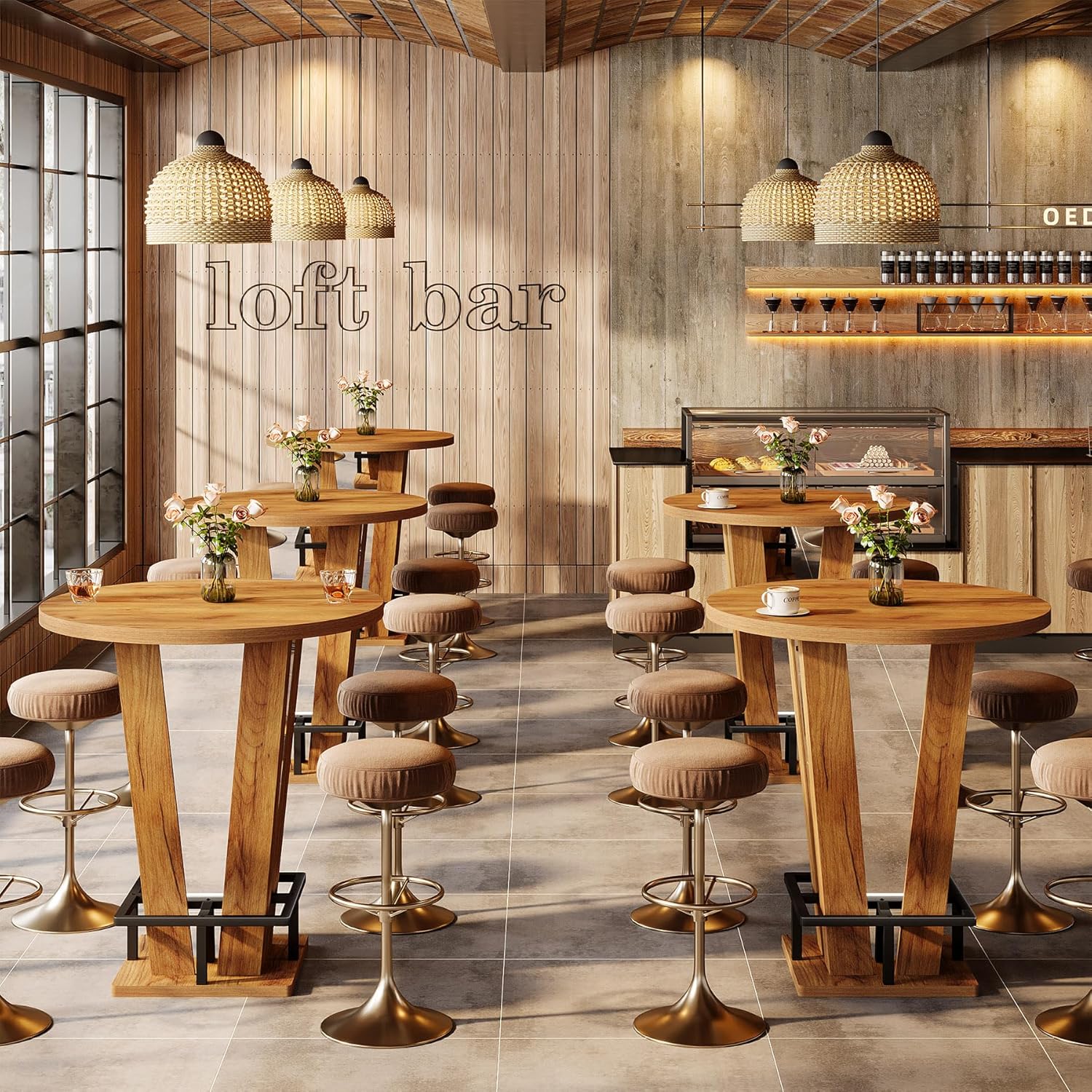 31.5" Bar Table, High Top Cocktail Bistro Pub Table with Metal Footrest Tribesigns