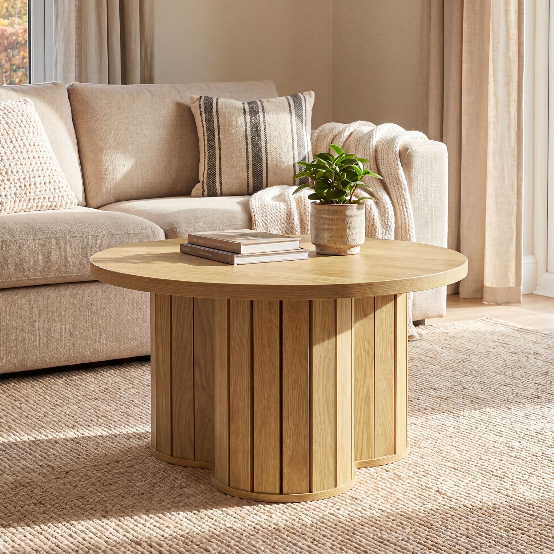 31.5" Circle Coffee Table, Small Accent Center Table with Three-lobed Grille Base for Living Room