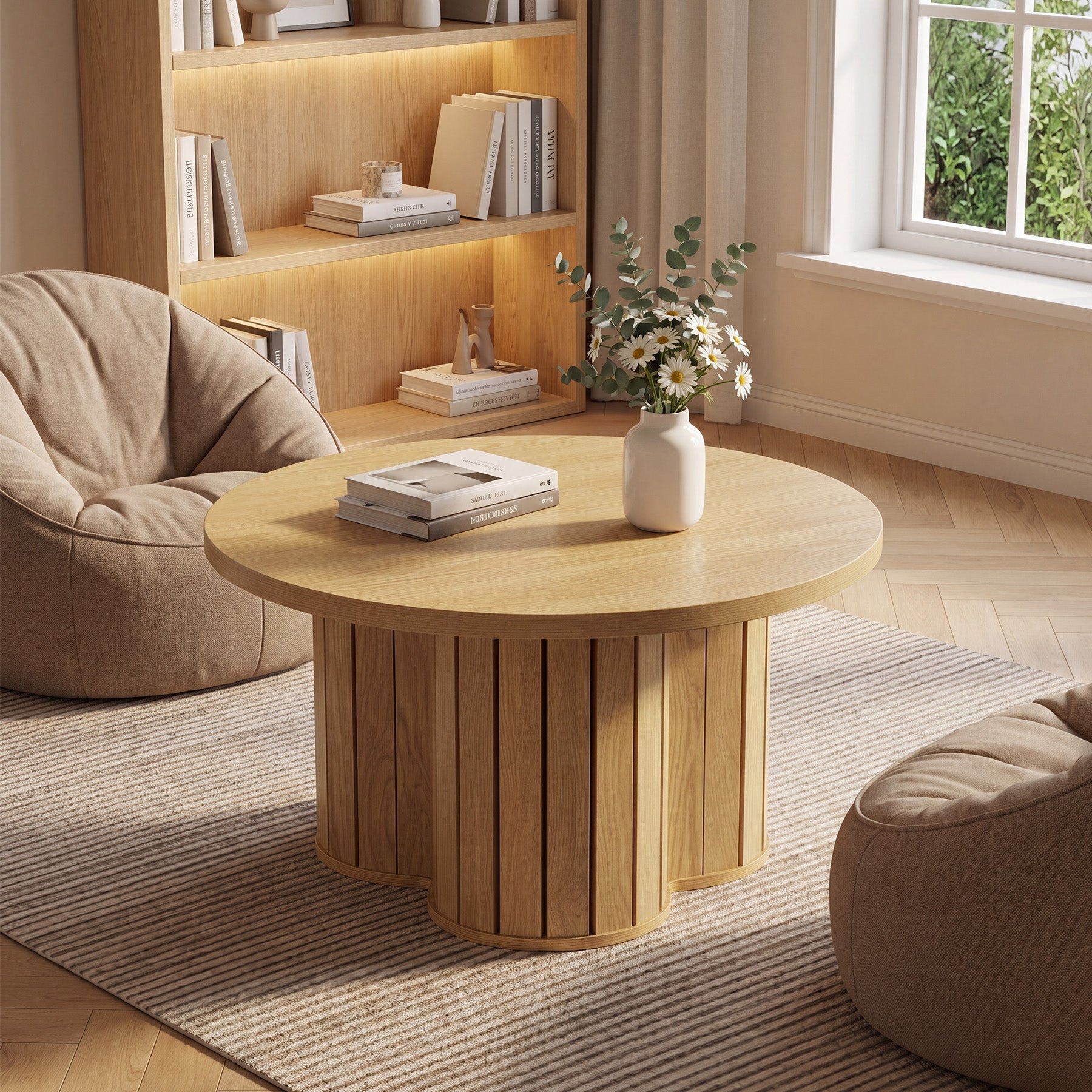 31.5" Circle Coffee Table, Small Accent Center Table with Three-lobed Grille Base for Living Room