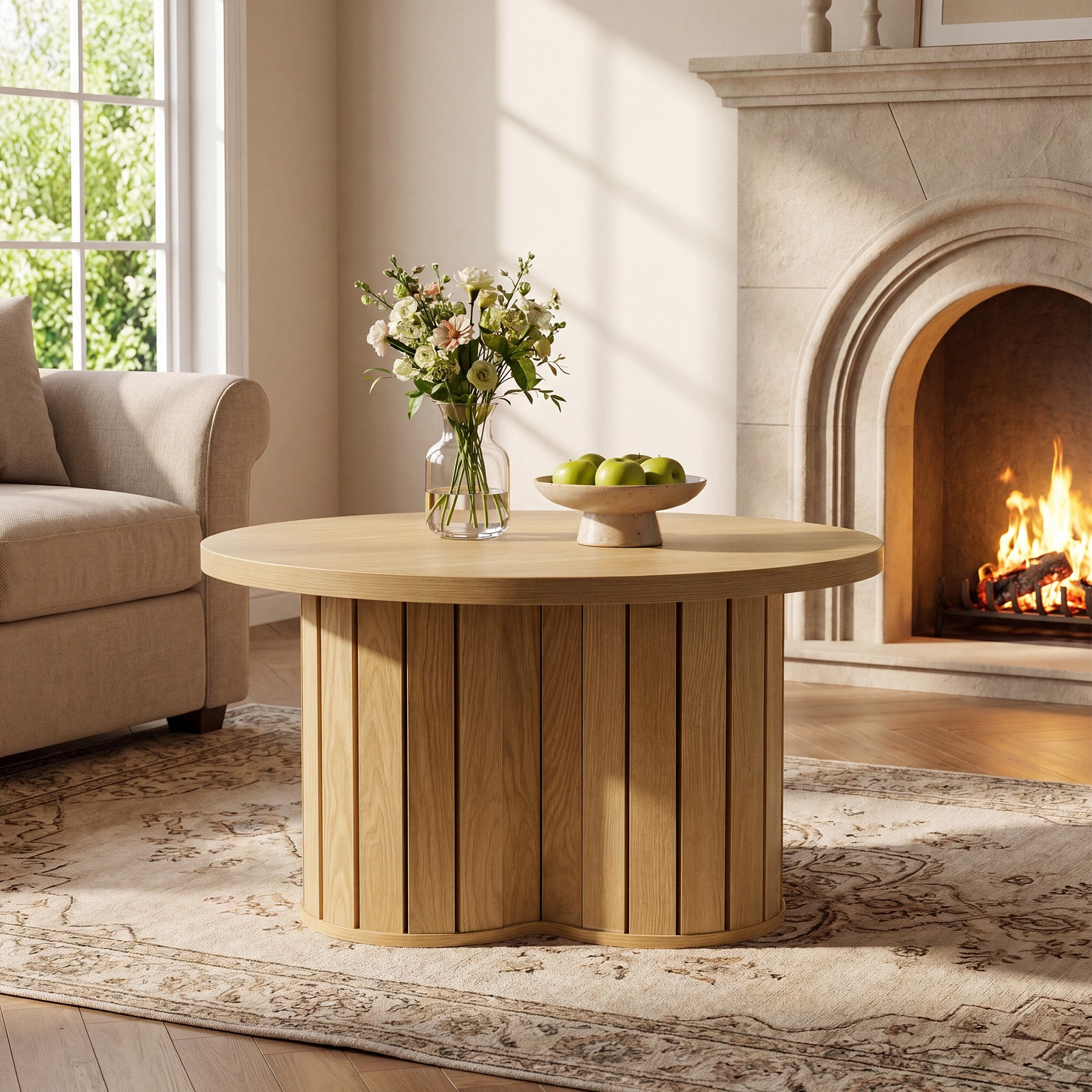 31.5" Circle Coffee Table, Small Accent Center Table with Three-lobed Grille Base for Living Room