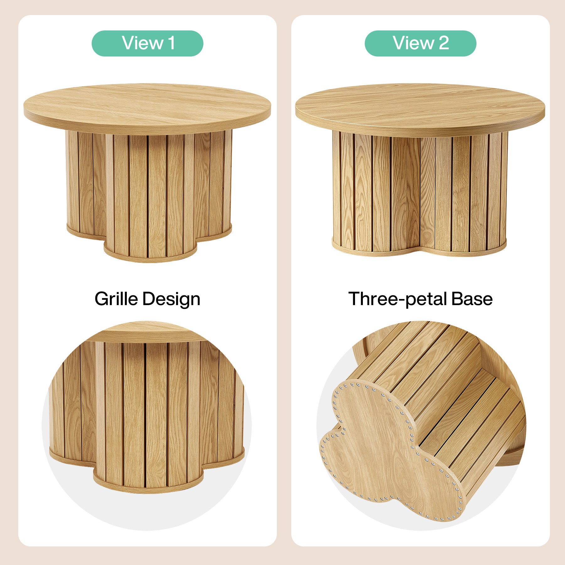 31.5" Circle Coffee Table, Small Accent Center Table with Three-lobed Grille Base for Living Room
