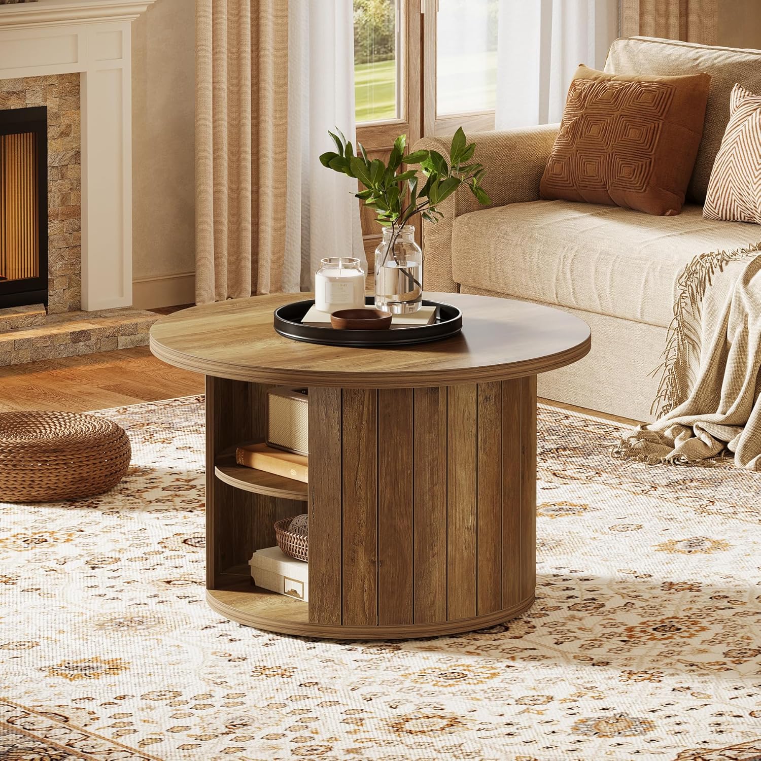 31.5" Coffee Table, Circle Center Table Cocktail Table with Storage