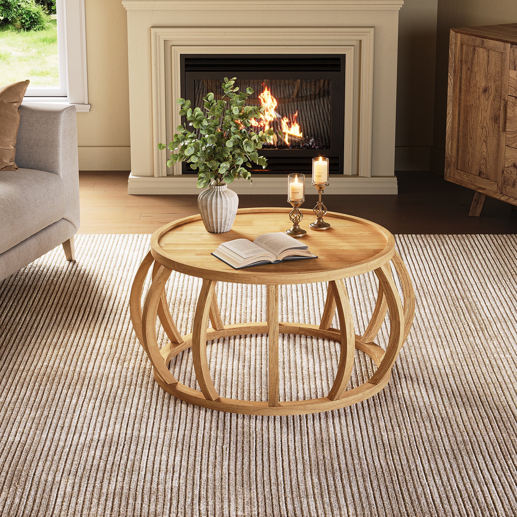 31.5" Coffee Table, Solid Wood Center Table with Curved Frame Base