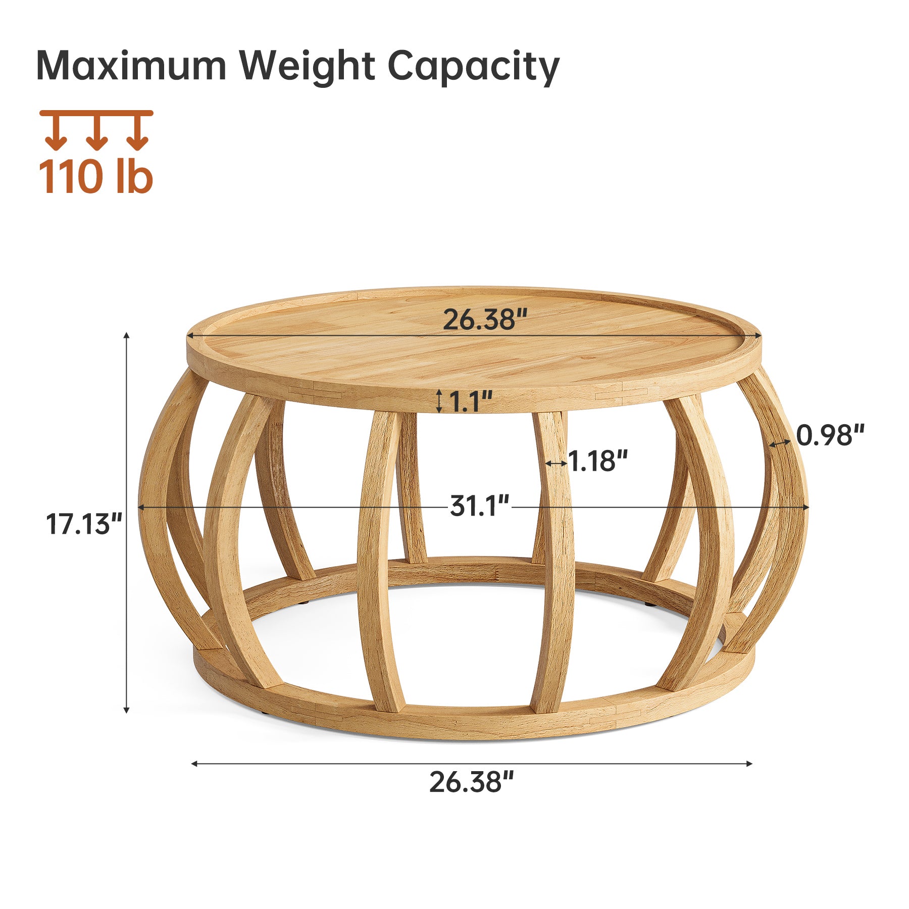 31.5" Coffee Table, Solid Wood Center Table with Curved Frame Base