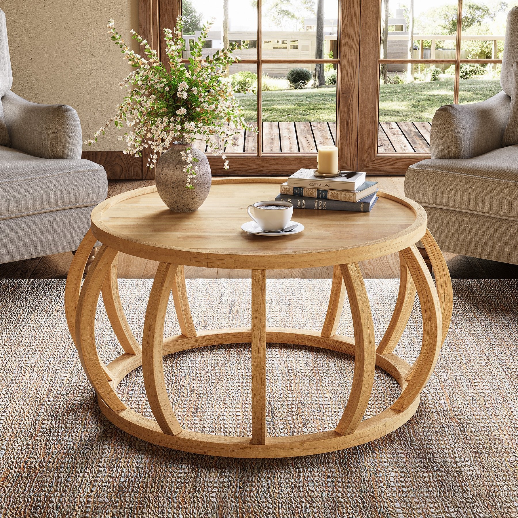 31.5" Coffee Table, Solid Wood Center Table with Curved Frame Base