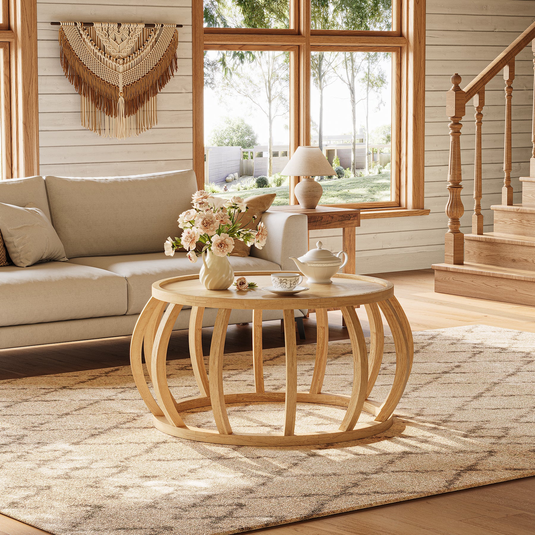 31.5" Coffee Table, Solid Wood Center Table with Curved Frame Base