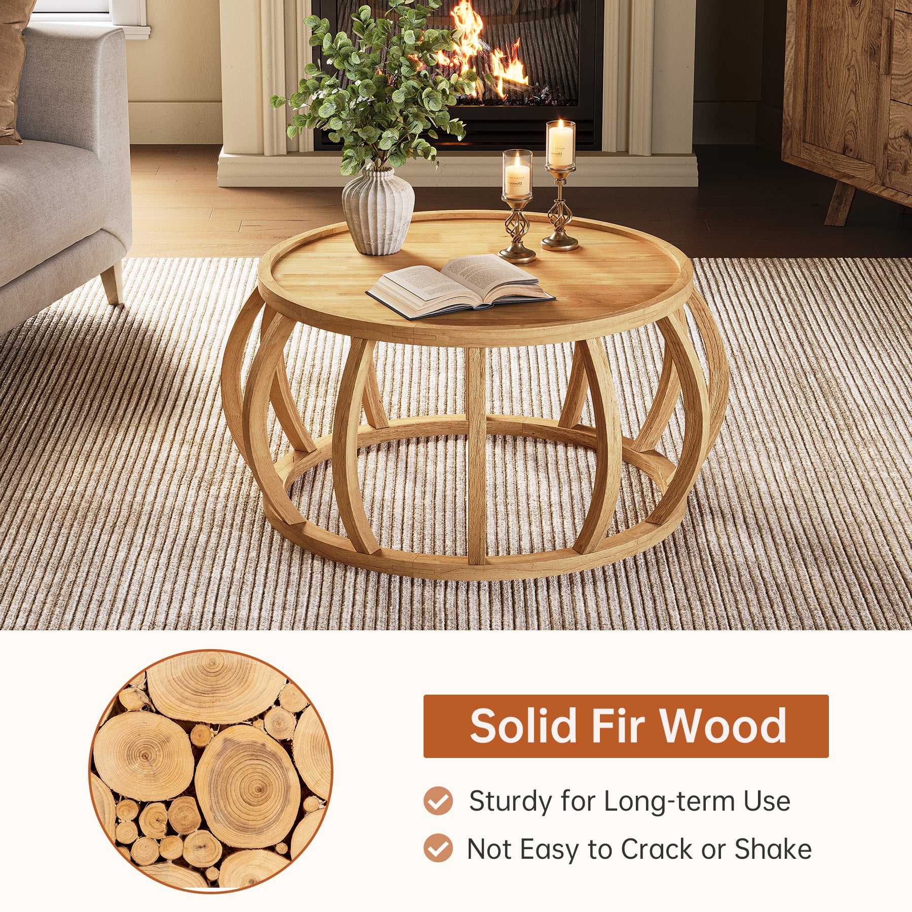 31.5" Coffee Table, Solid Wood Center Table with Curved Frame Base